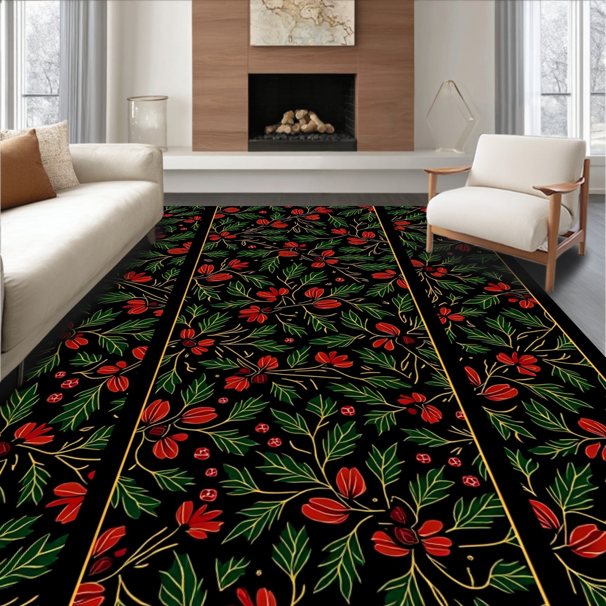Crimson Floral Vine on Black Background Rug