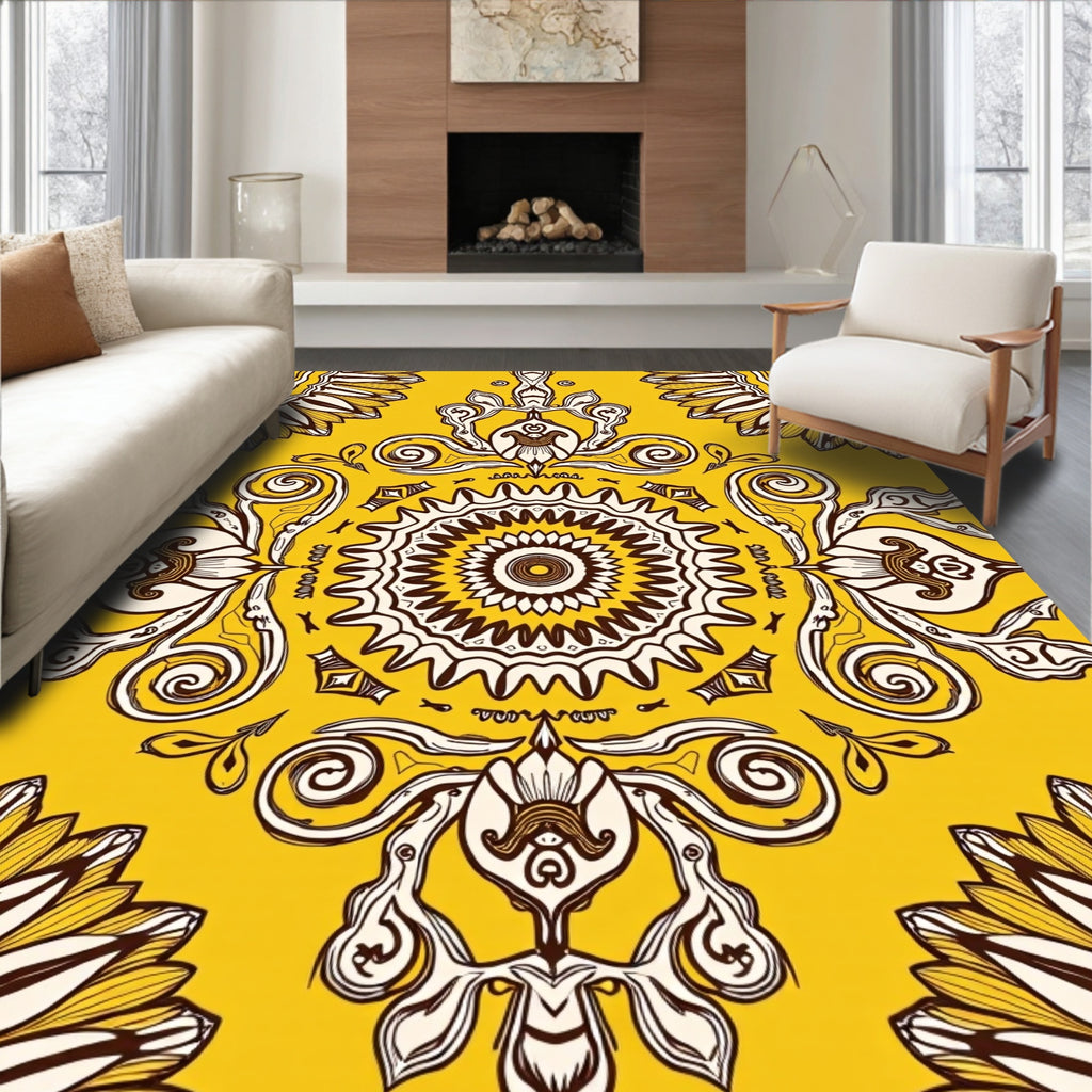 Golden Yellow Floral Medallion Symmetry Rug