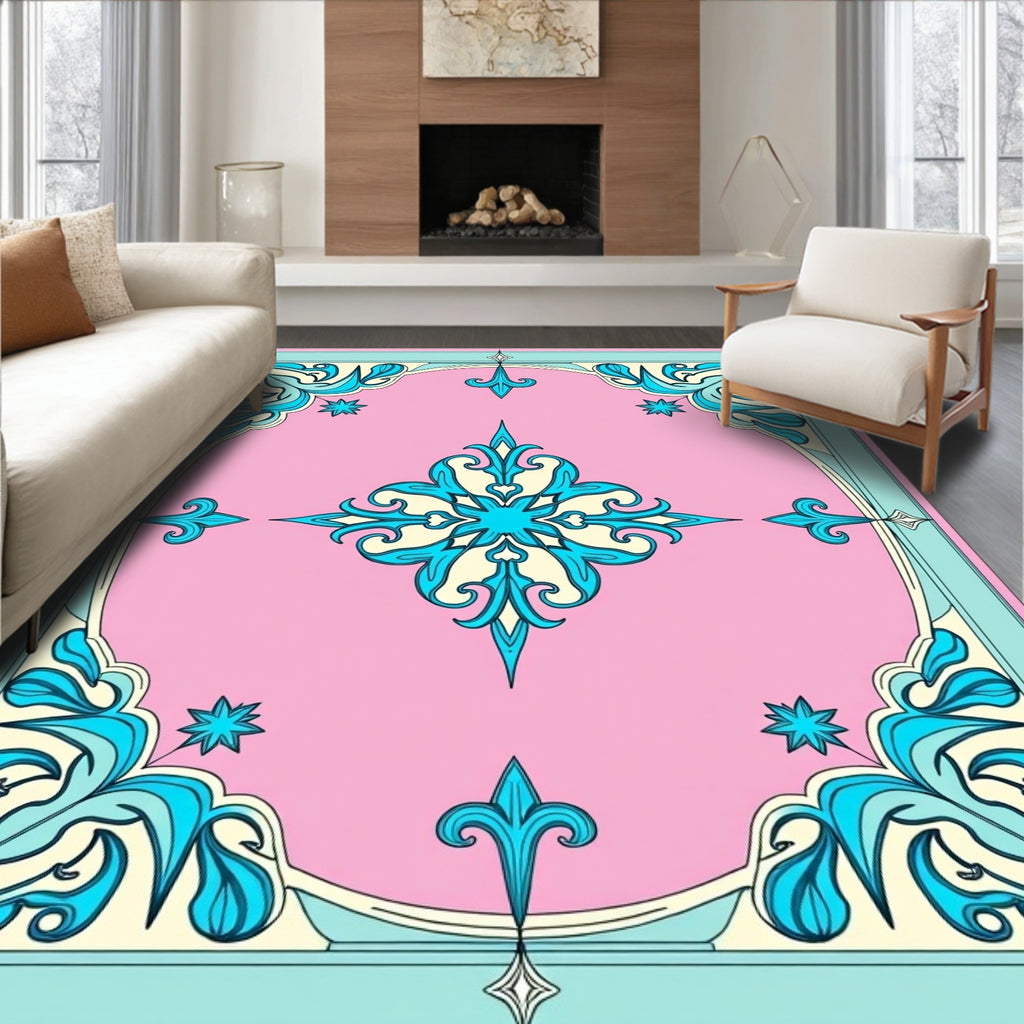 Pink Aqua Floral Scroll Medallion Rug