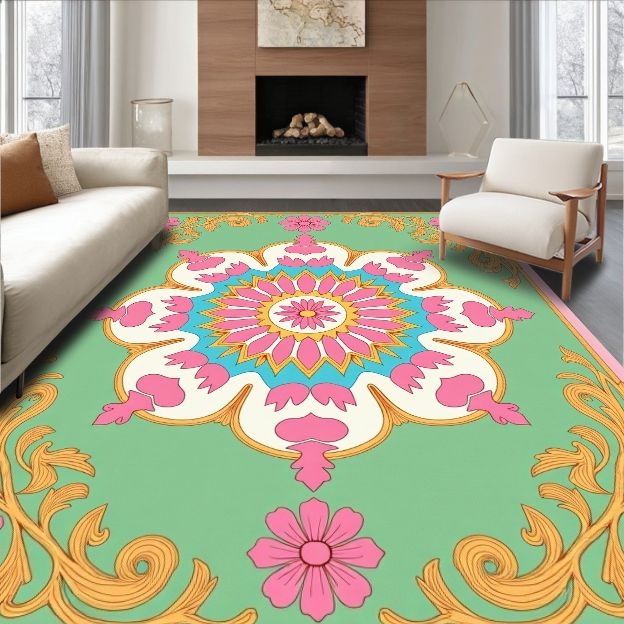 Pink Floral Medallion With Golden Swirls Rug