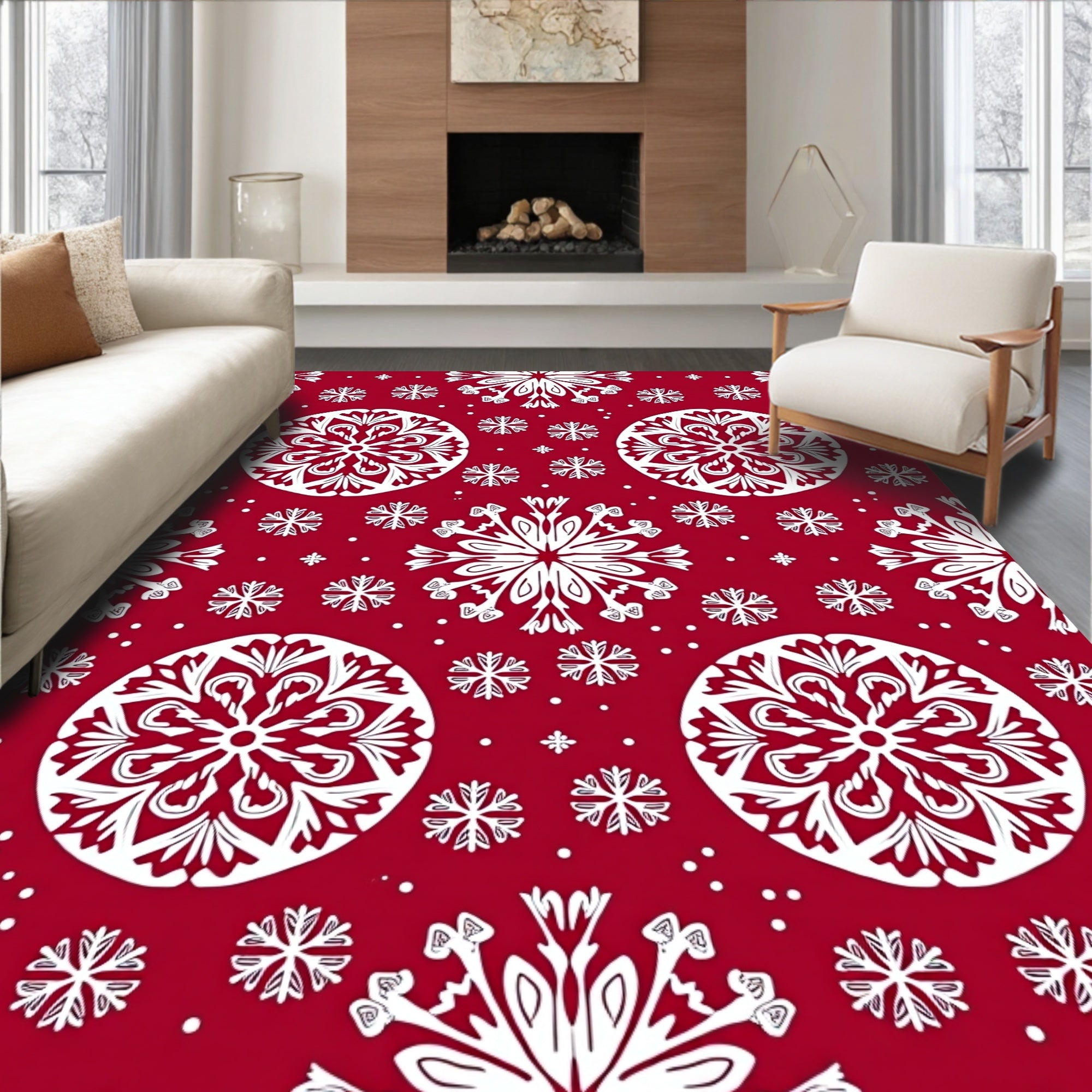 Crimson White Snowflake Medallion Collage Rug