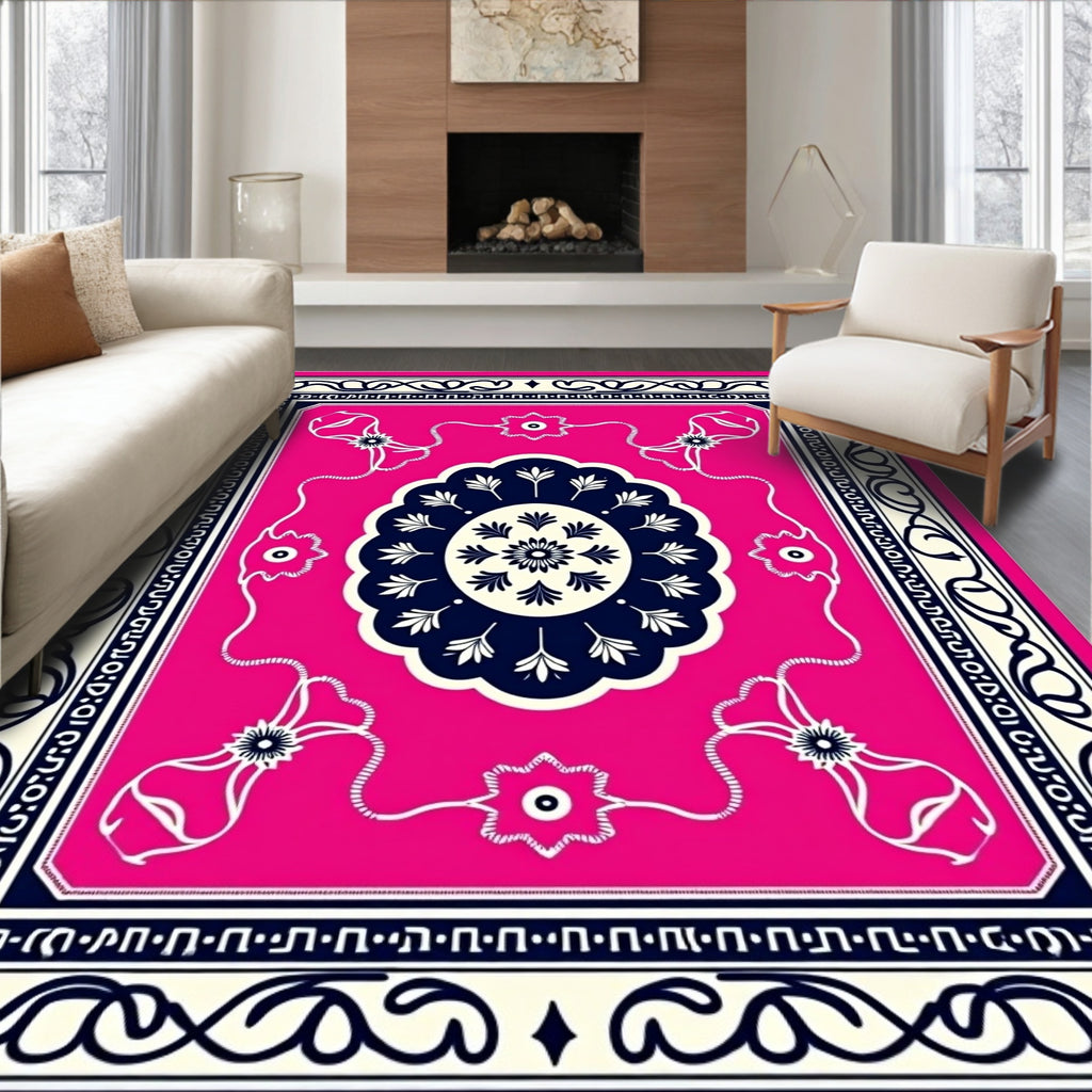 Vibrant Pink Navy Floral Scroll Rug