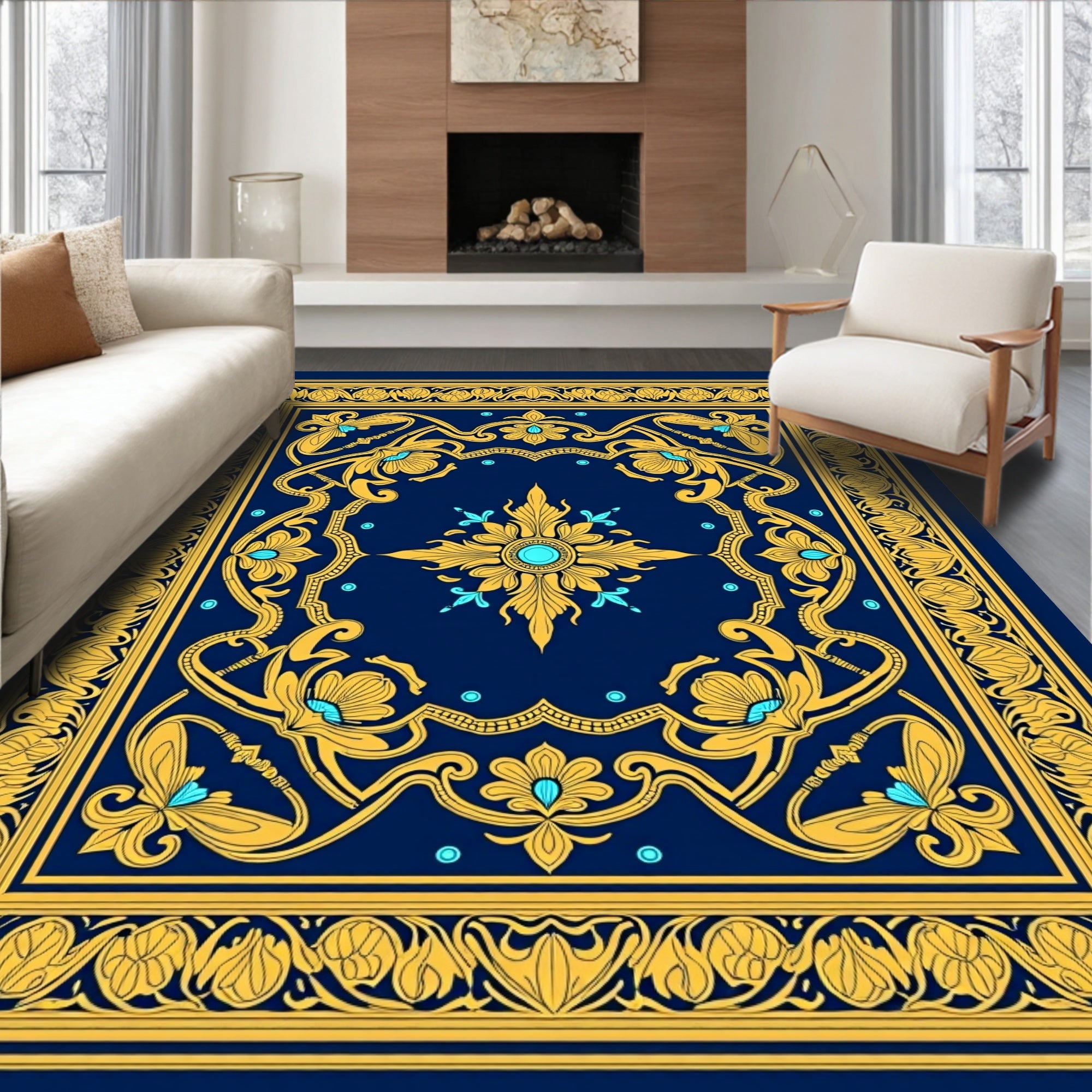 Royal Blue Golden Floral Medallion Rug