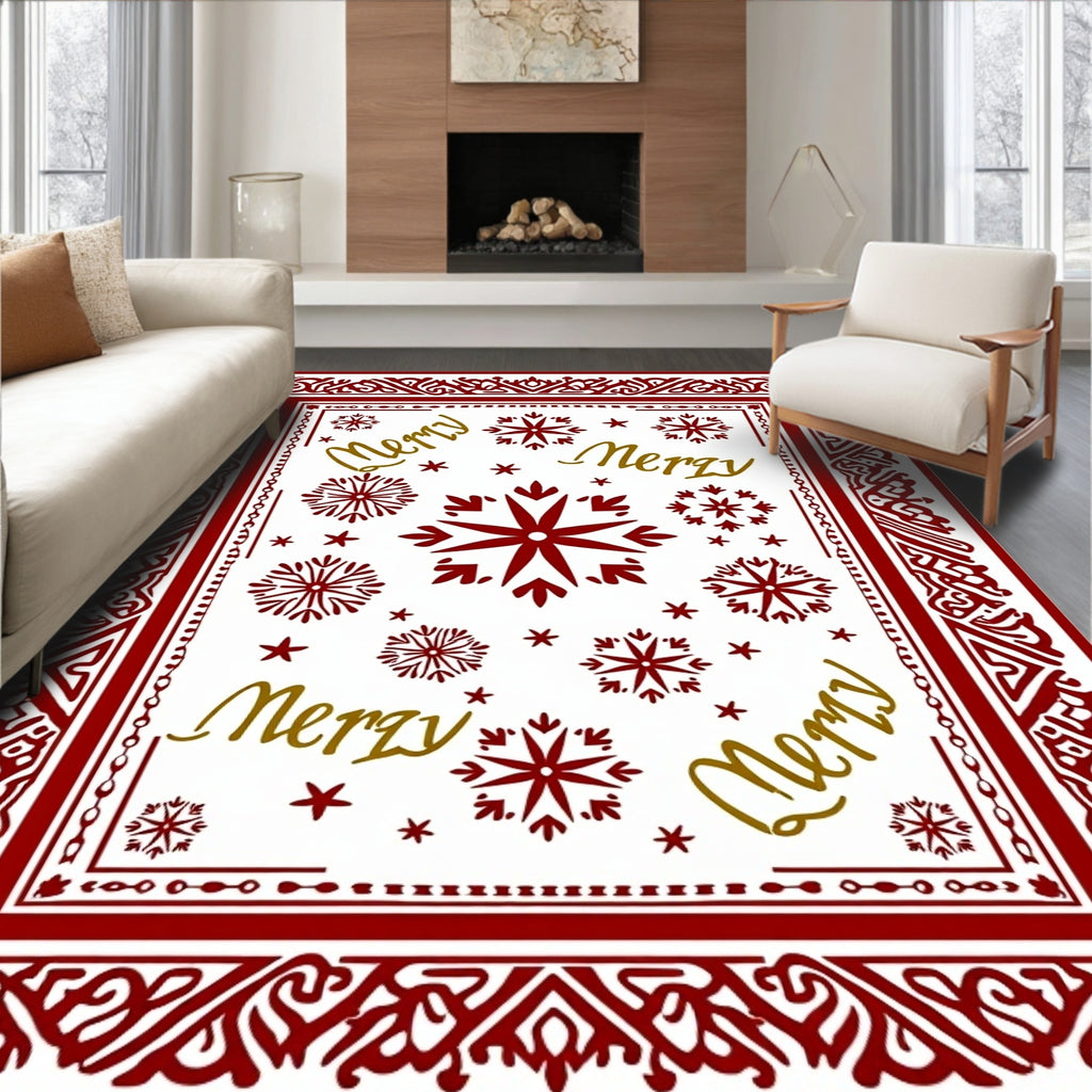 Red Gold Merry Snowflake Frame Rug