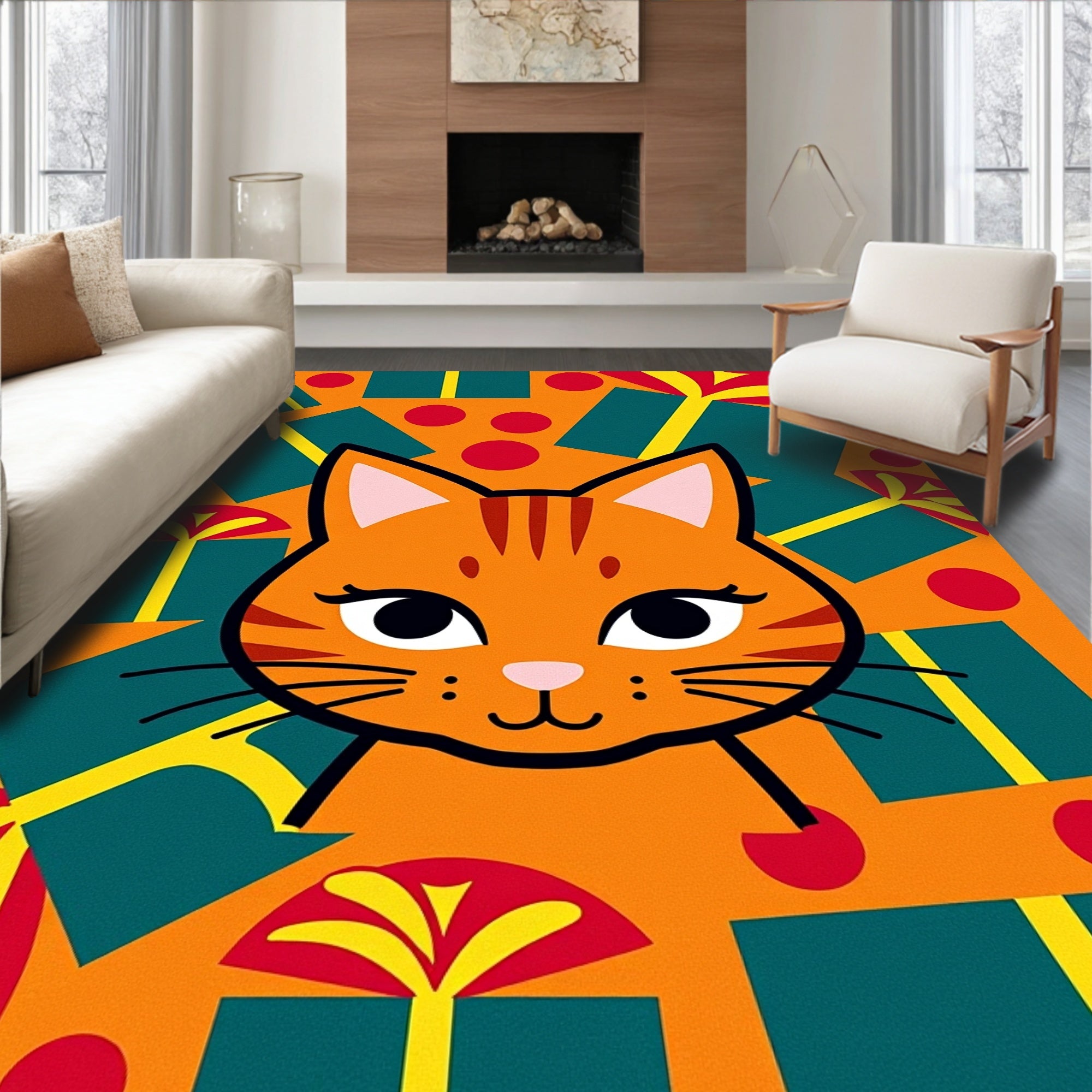 Playful Orange Cat Gift Wrapped Scene Rug