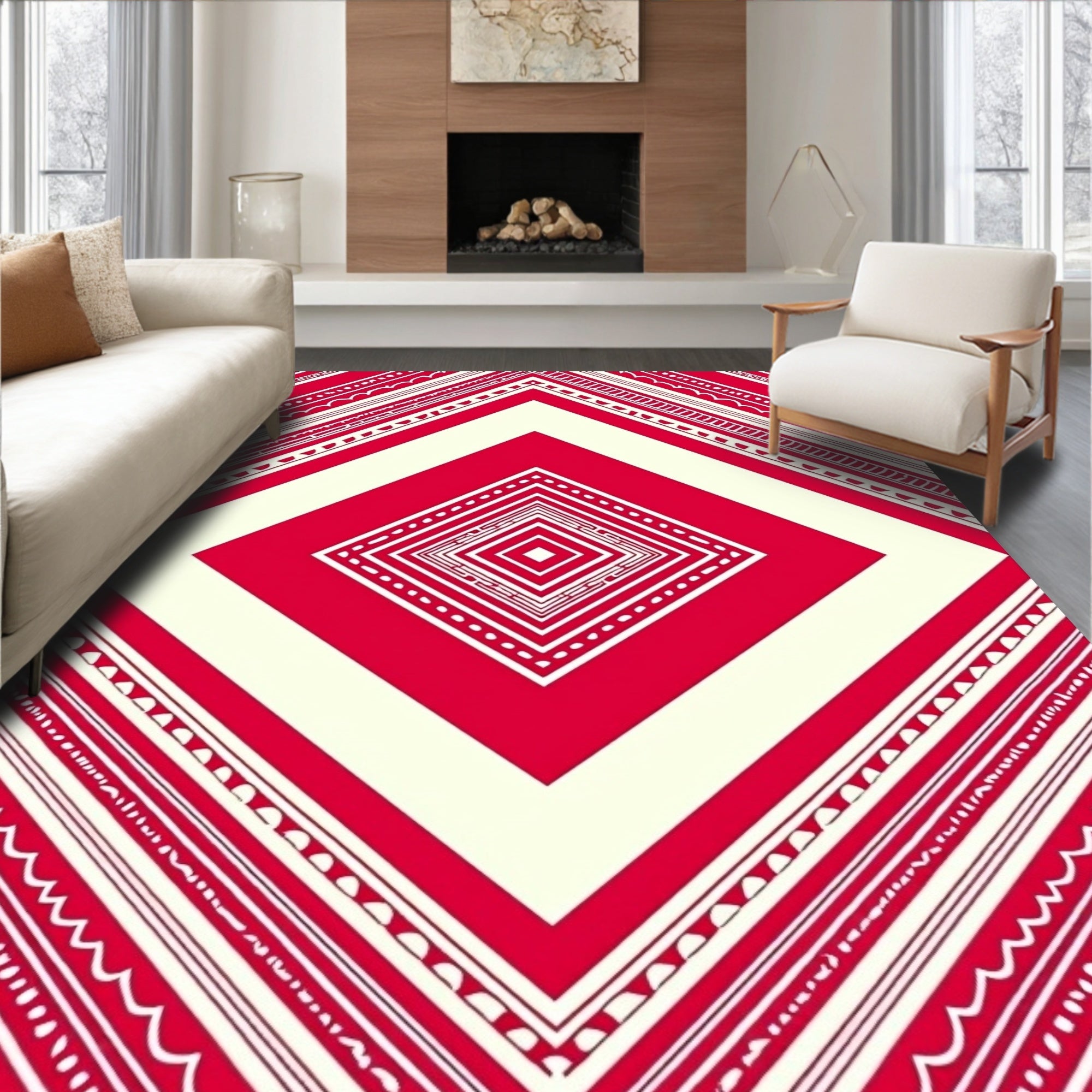 Bold Red Cream Diamond Tiling Rug