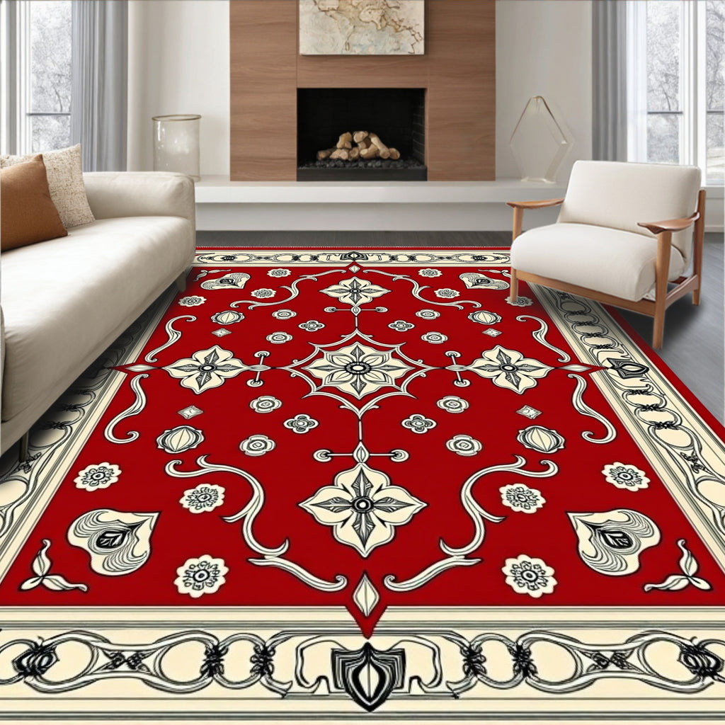 Crimson Red Cream Floral Medallion Square Rug