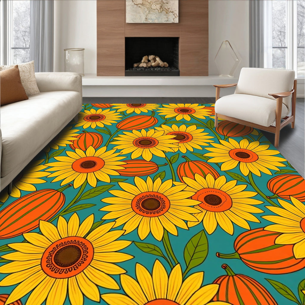 Sunny Yellow Sunflowers Orange Gourds Foliage Rug