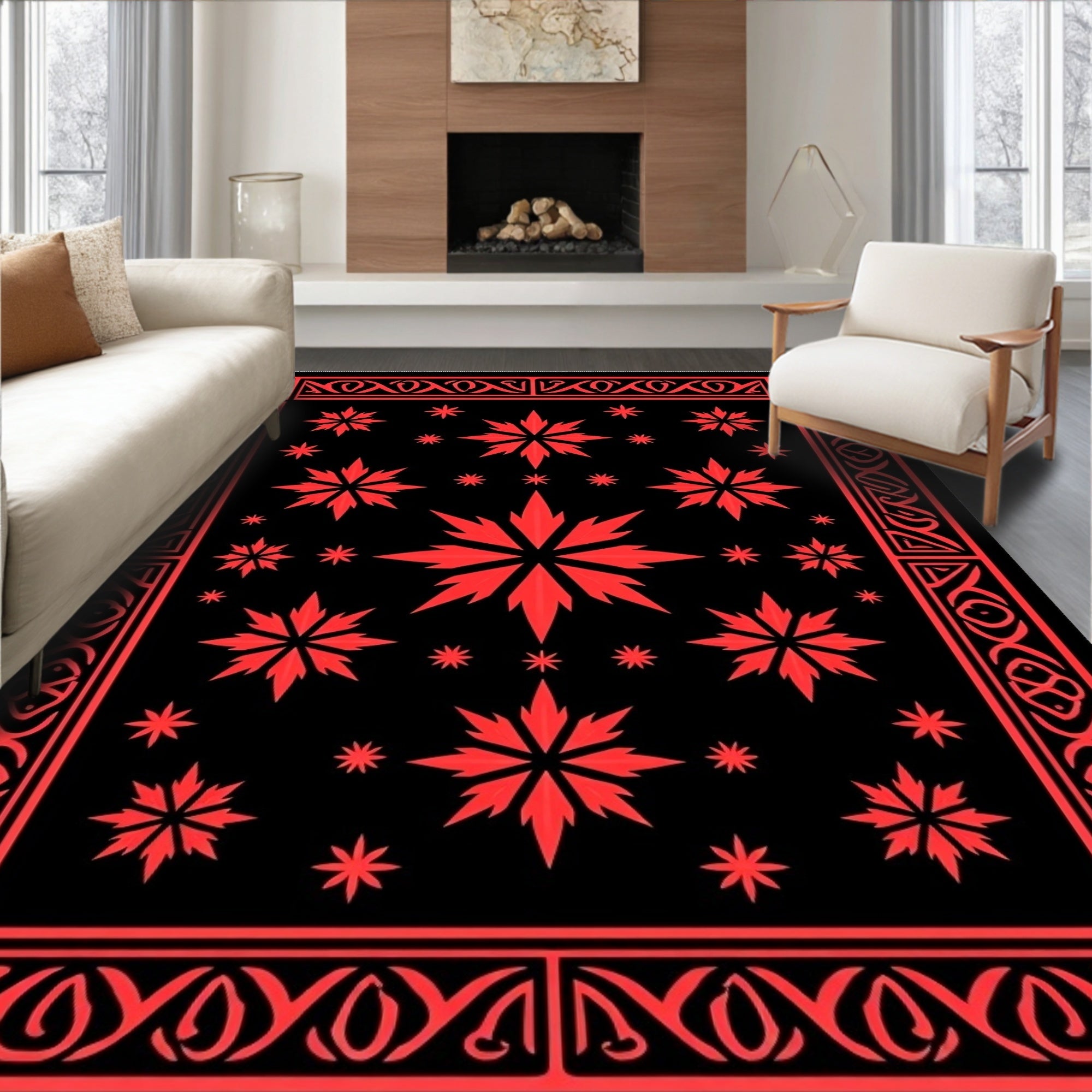 Crimson Starbursts Black Border Rug