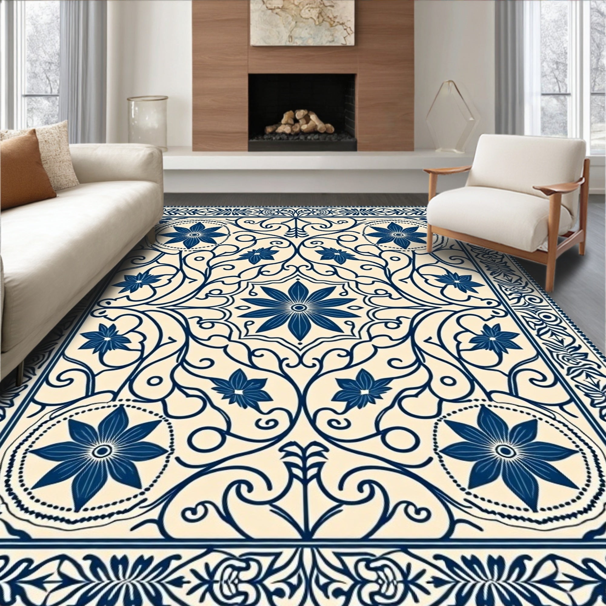 Deep Blue Floral Medallion Scrollwork Rug