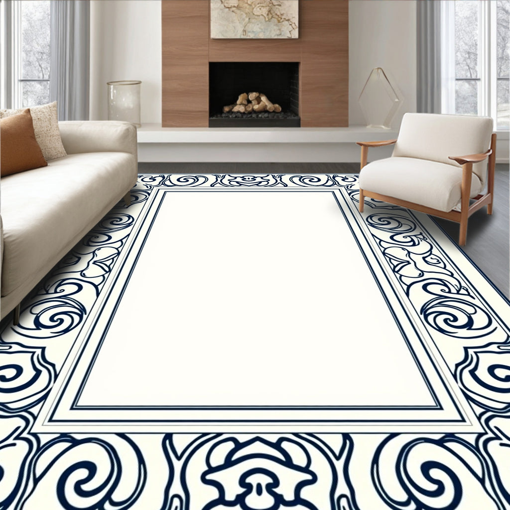 Vintage Cream Navy Floral Scroll Border Rug