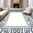 Vintage Cream Navy Floral Scroll Border Rug