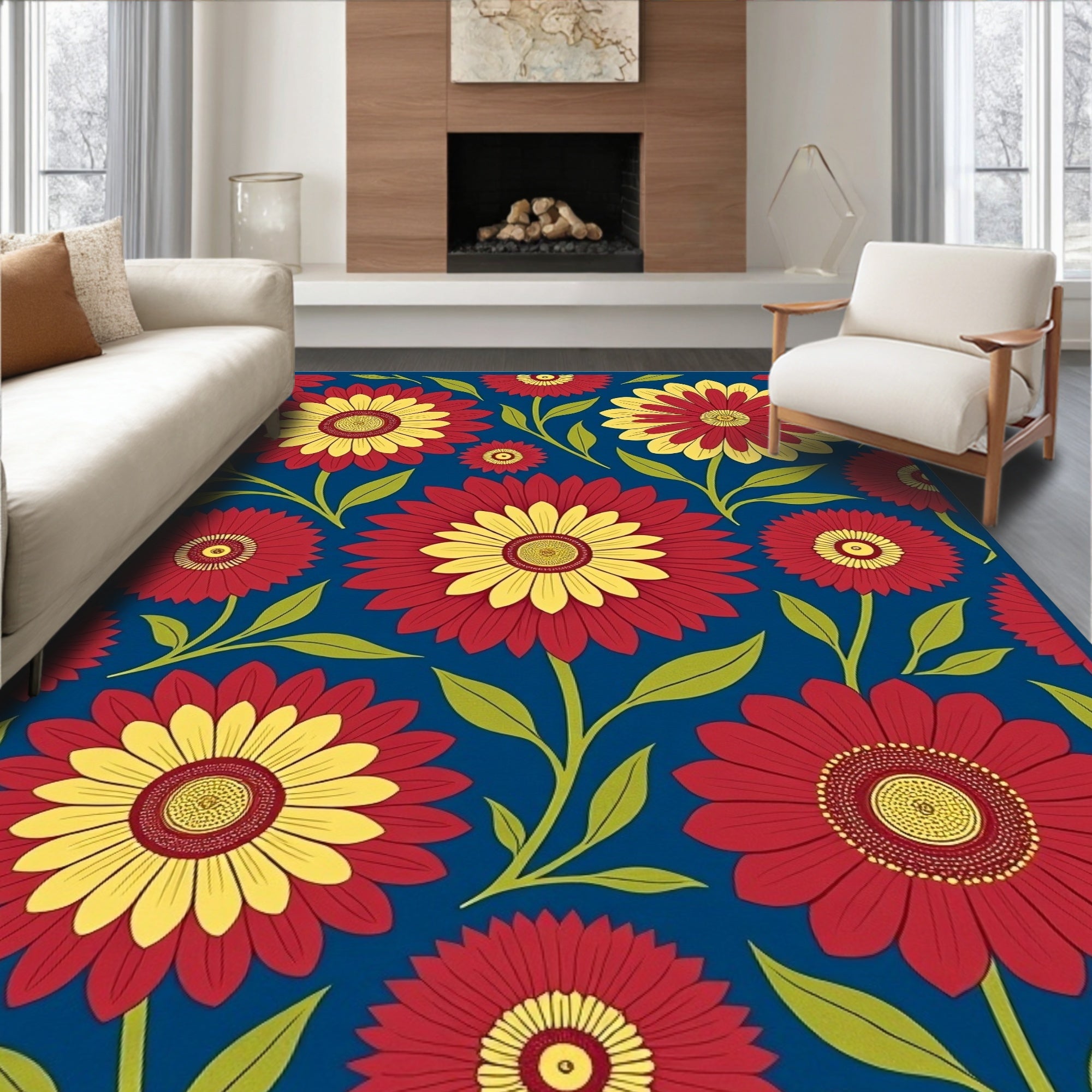 Crimson Yellow Daisy Garden Rug