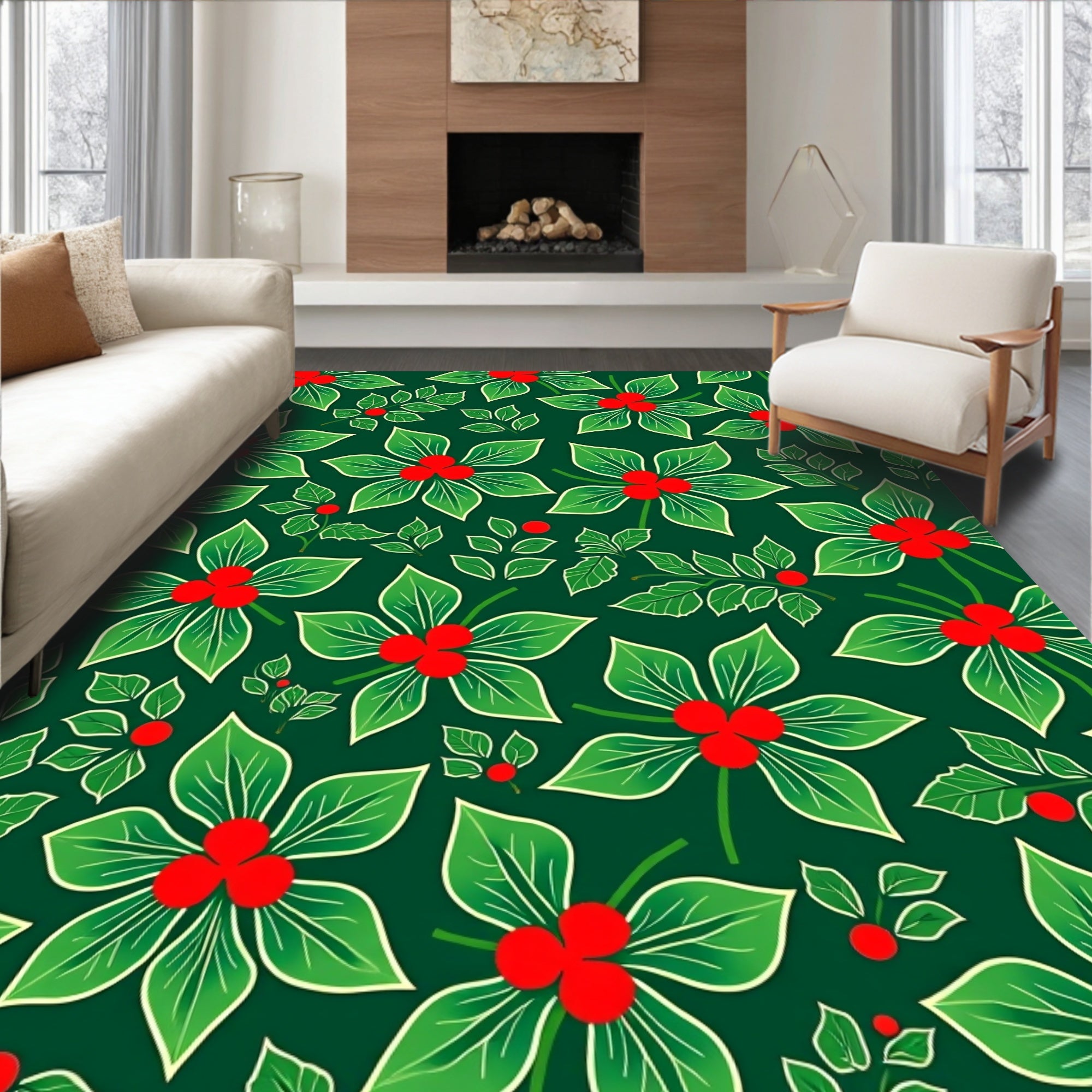 Green Red Berry Botanical Floral Rug