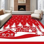 Red Winter Village Snowflake Scene Rug