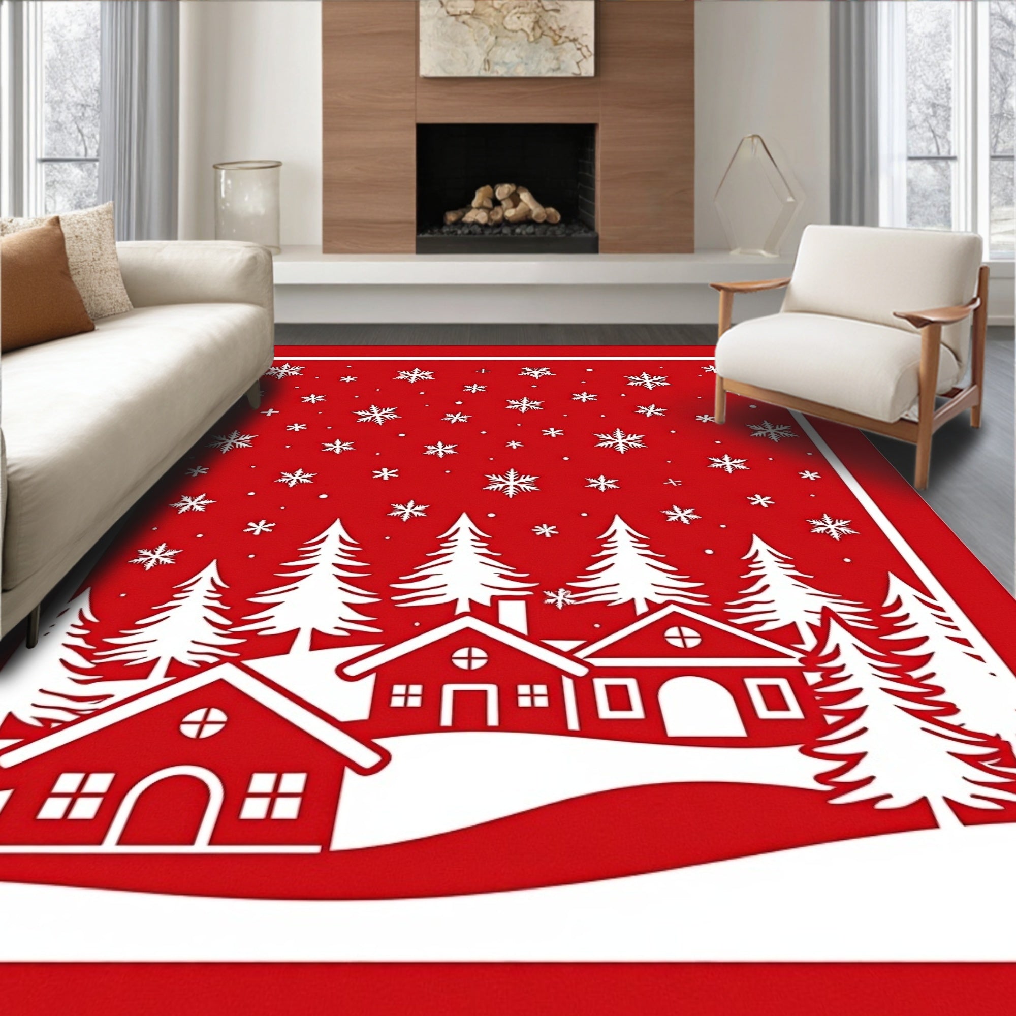 Red Winter Village Snowflake Scene Rug