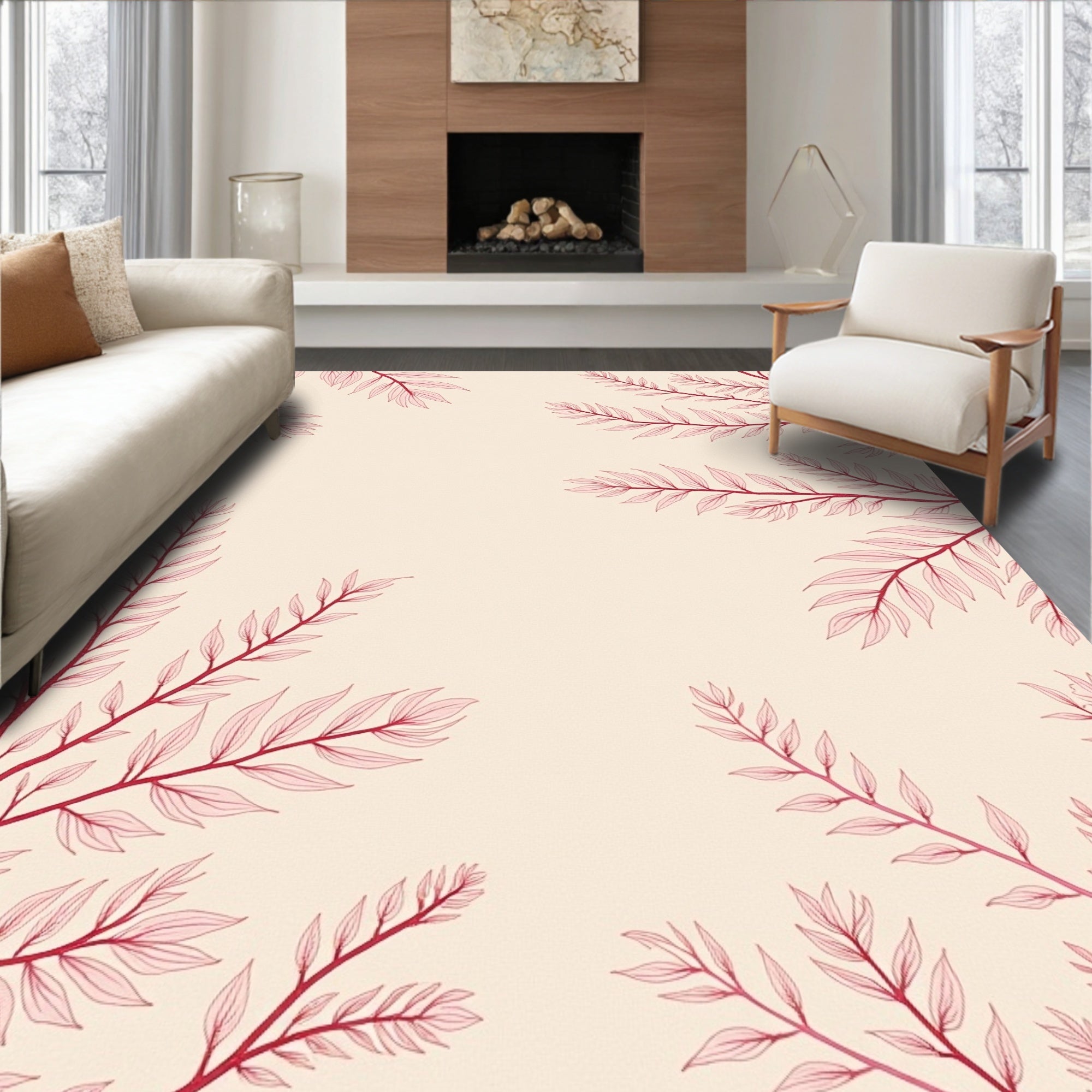 Crimson Leafy Branches On Cream Rug