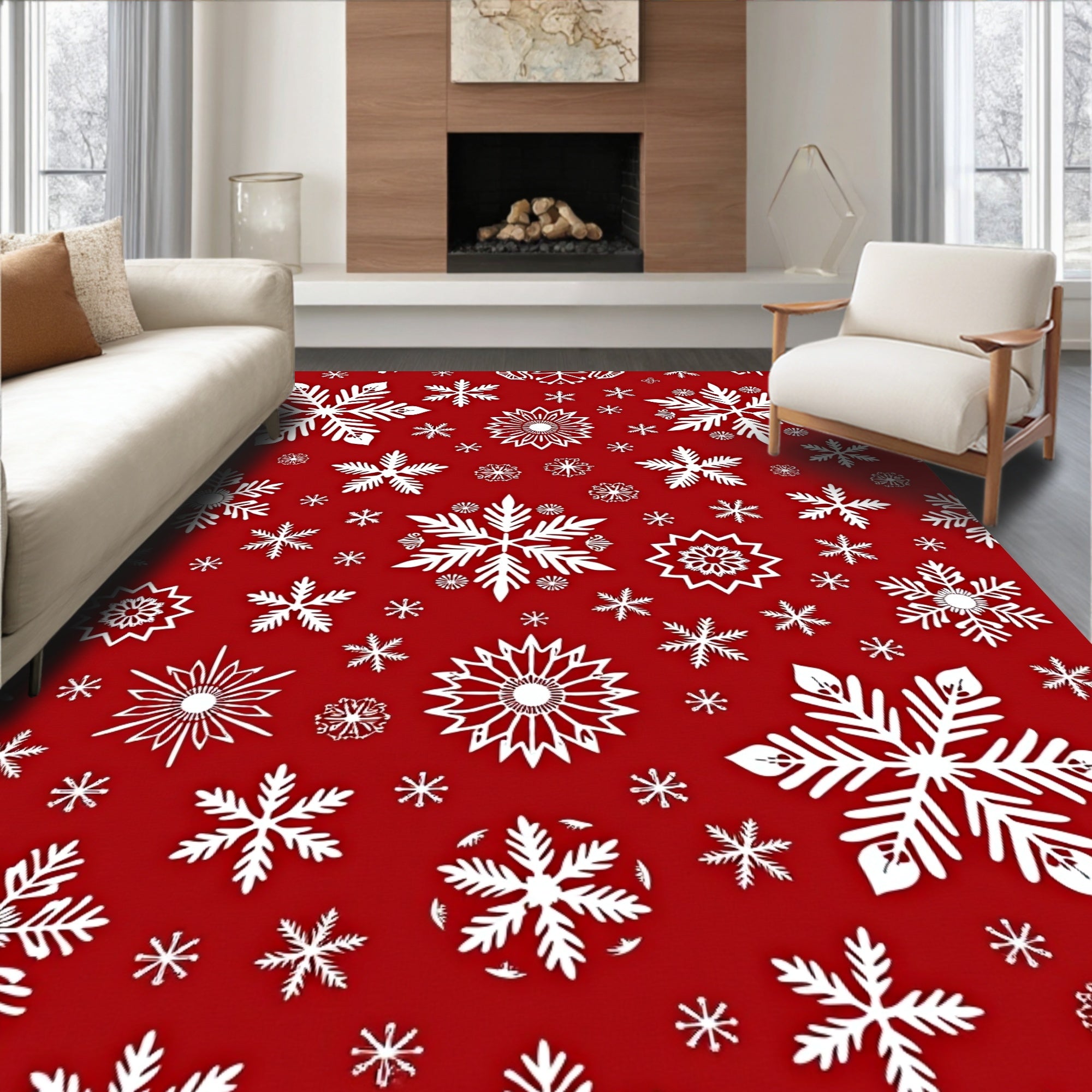 White Snowflakes on Red Background Rug