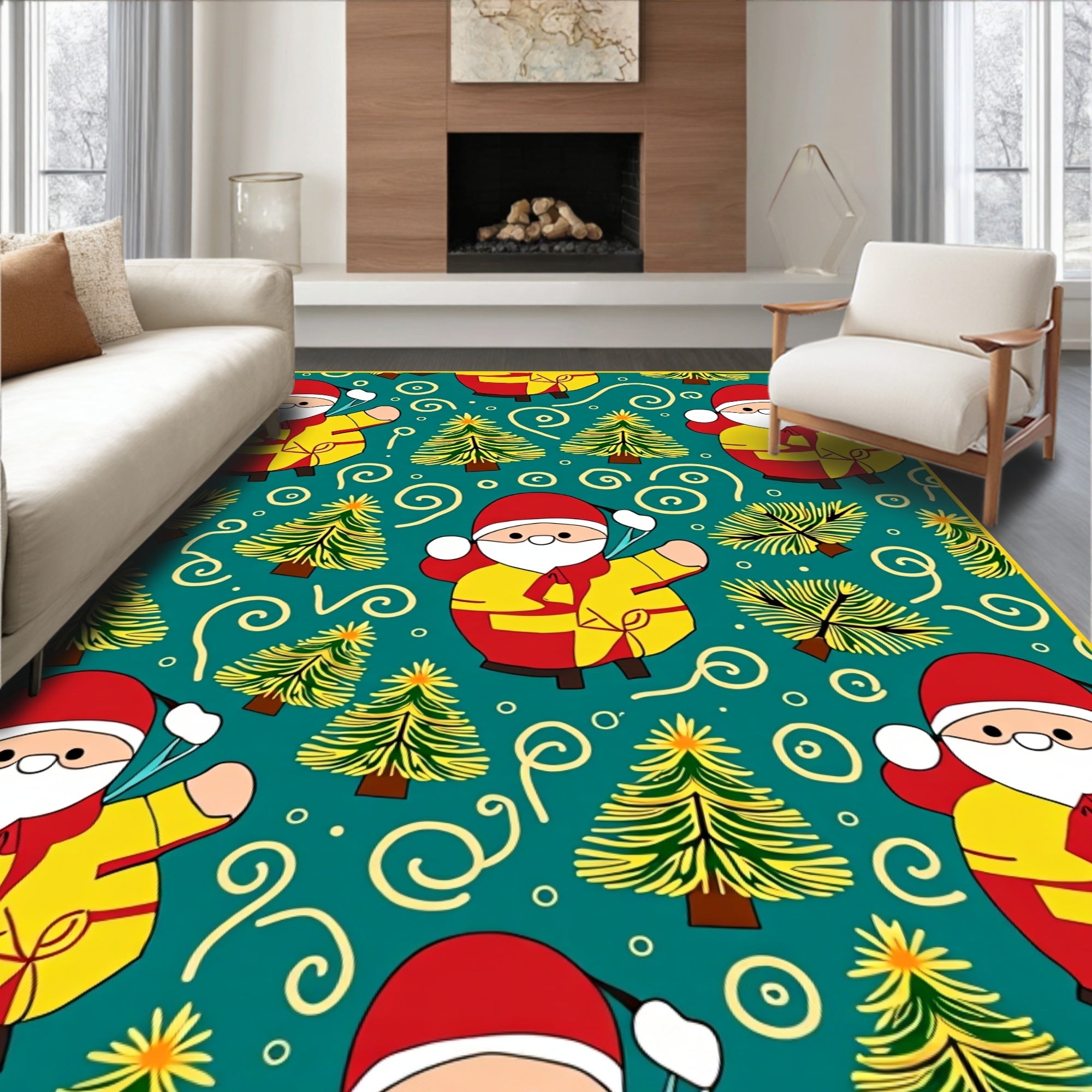 Jolly Santa Trees Swirls Festive Rug