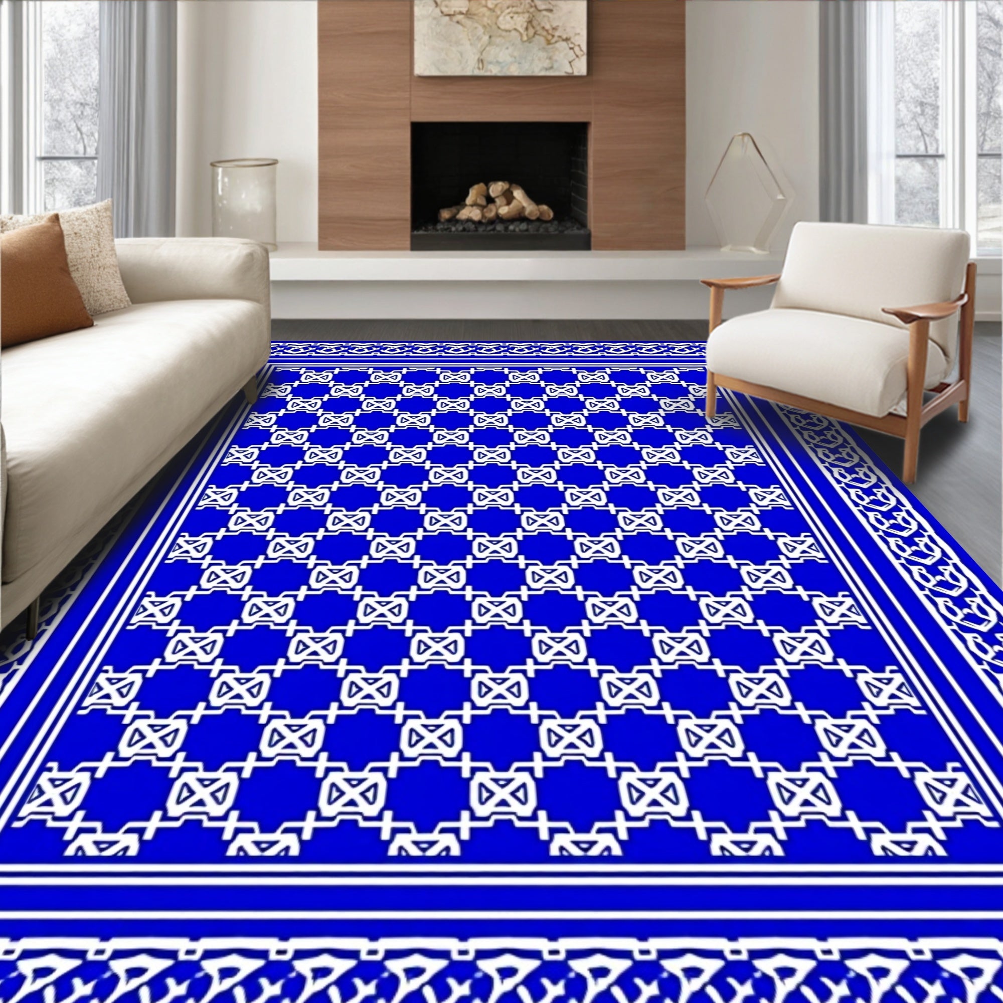 Royal Blue White Geometric Tessellation Rug
