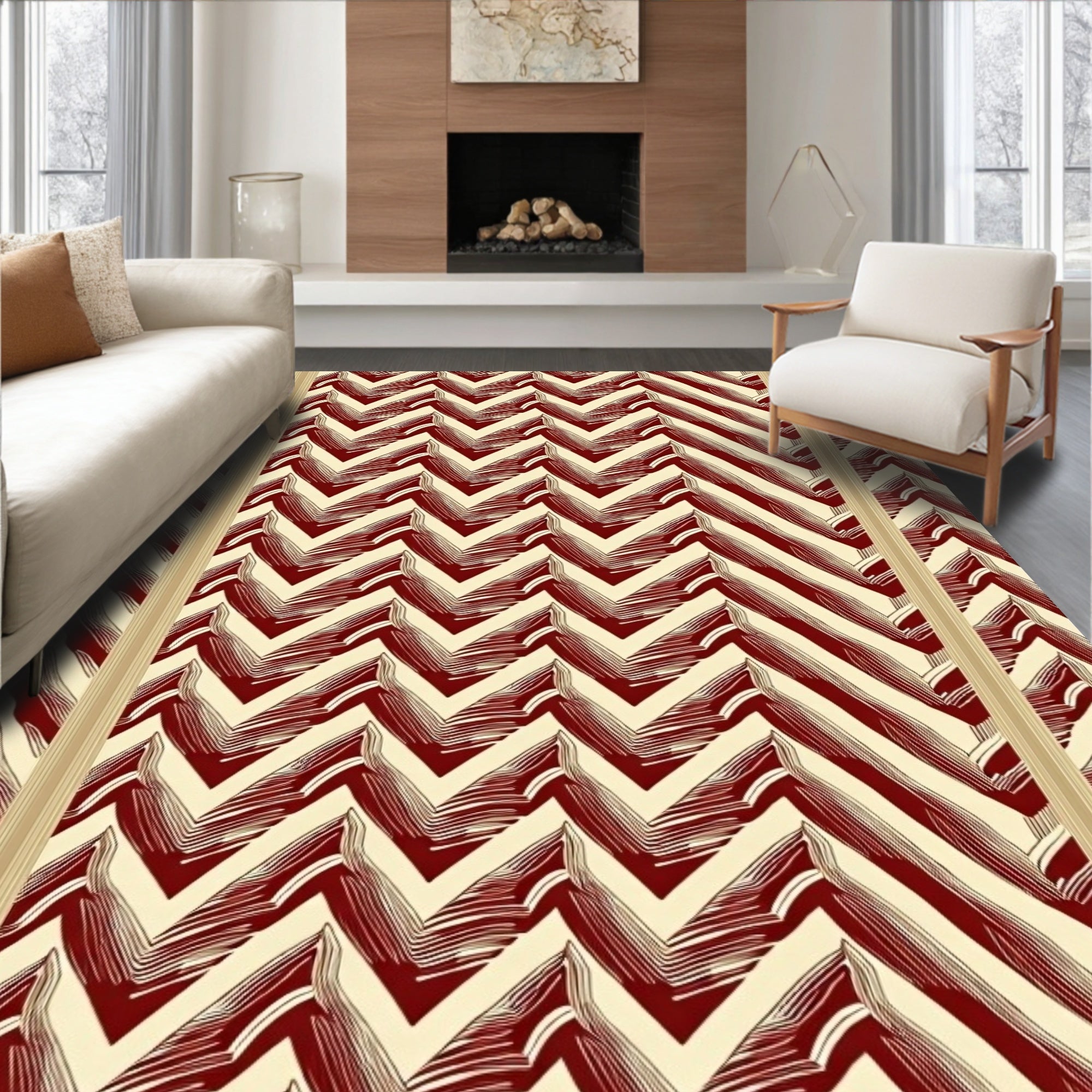 Crimson Cream Jagged Stripe Relief Rug