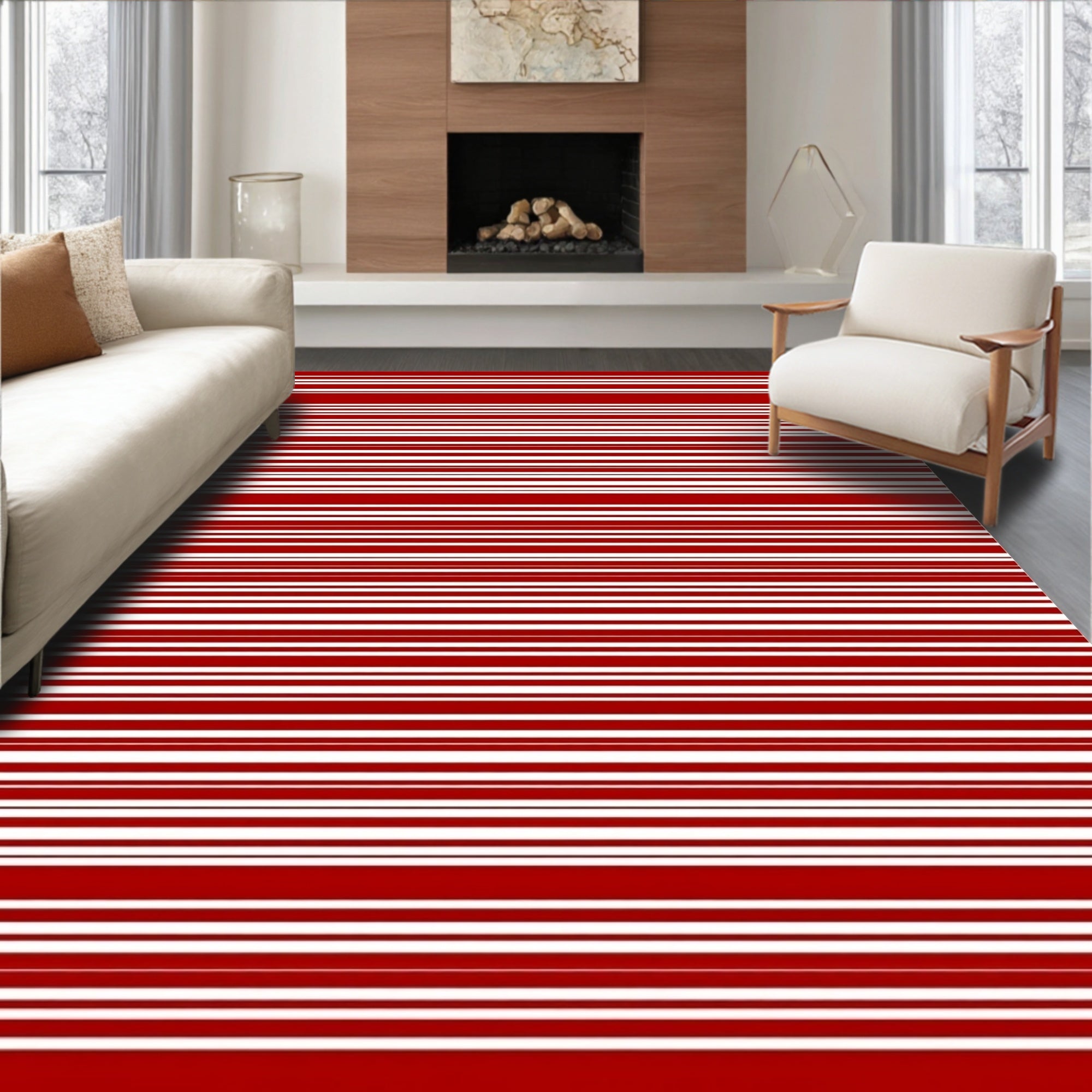 Bold Red White Linear Stripe Accent Rug