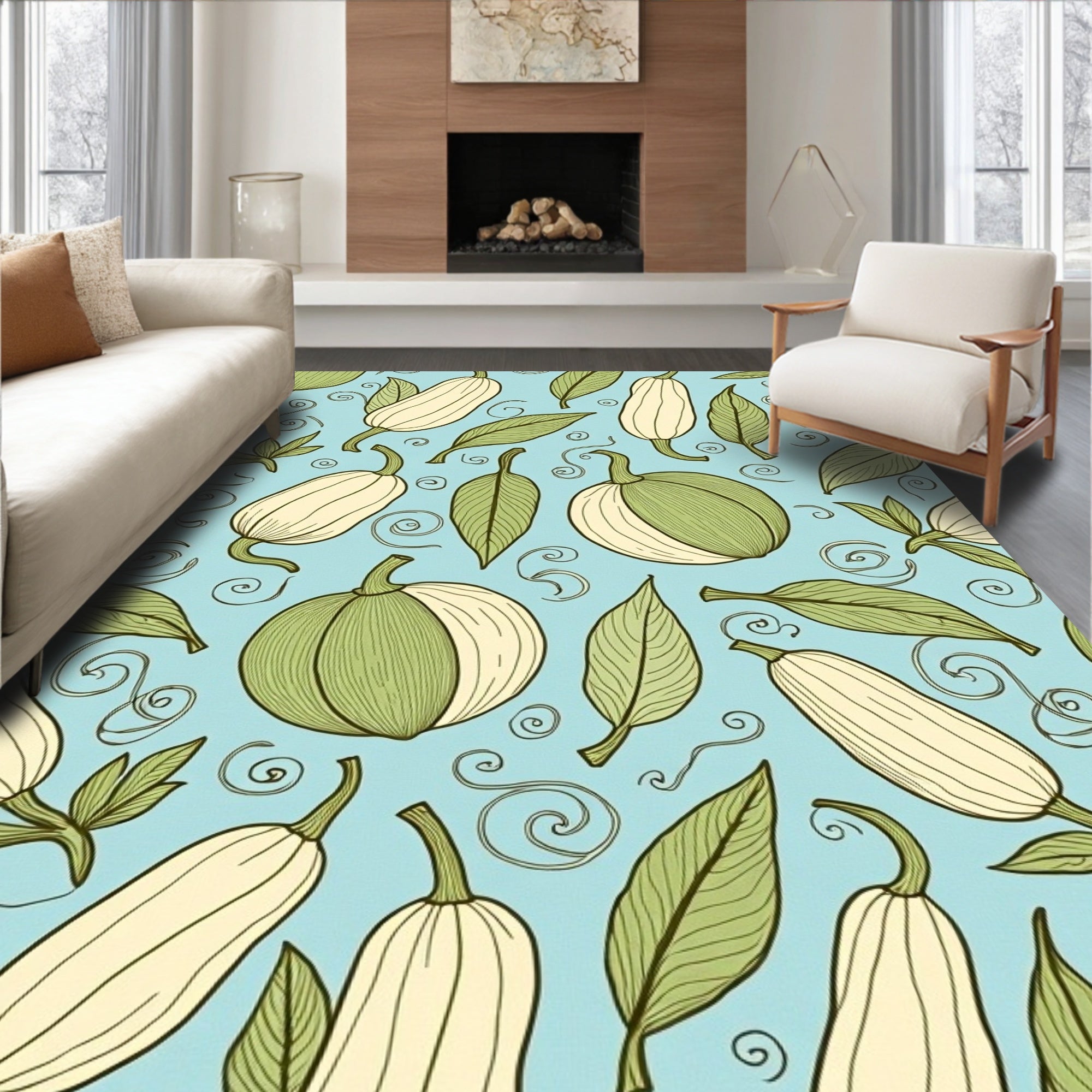 Whimsical Green Squash Leaf Swirls Rug