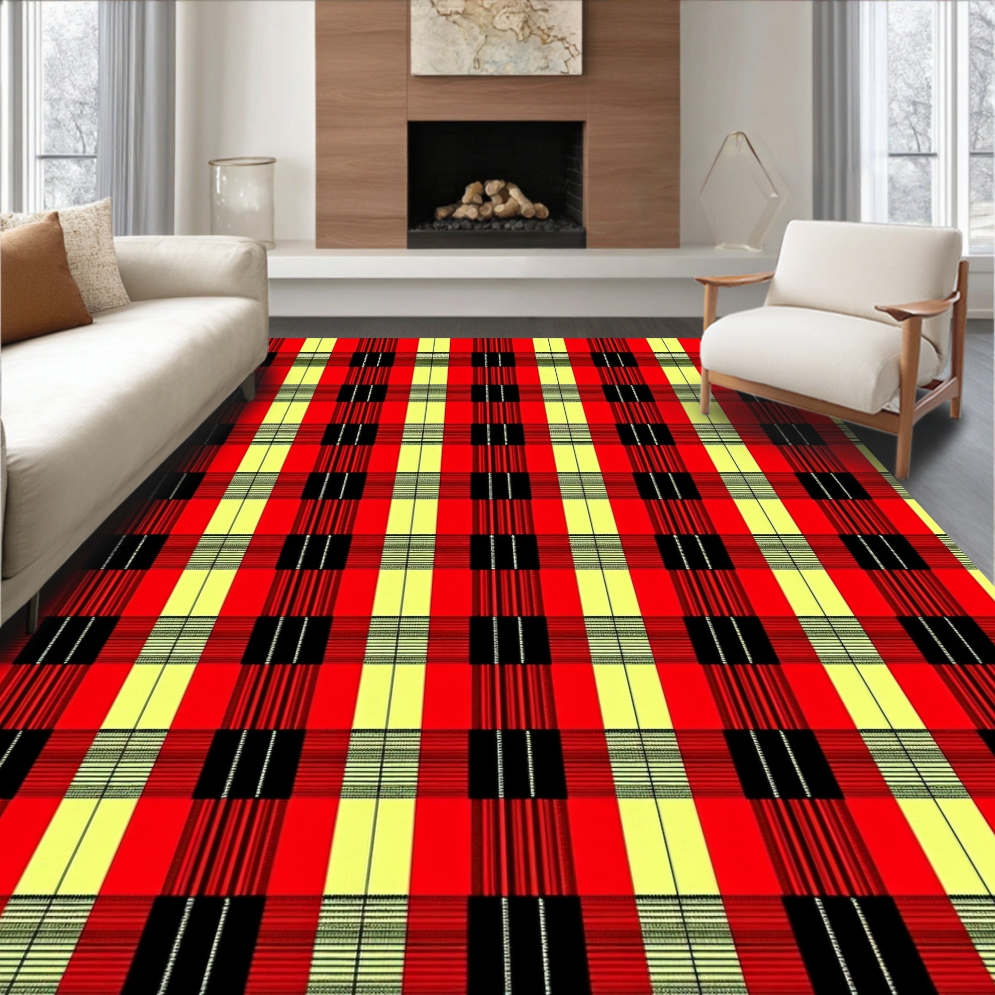Bold Red Yellow Plaid Squares Rug