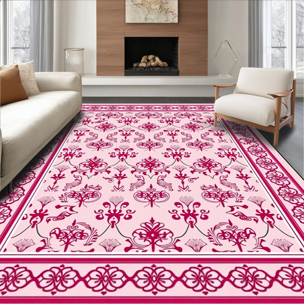 Crimson Floral Damask Border Rug