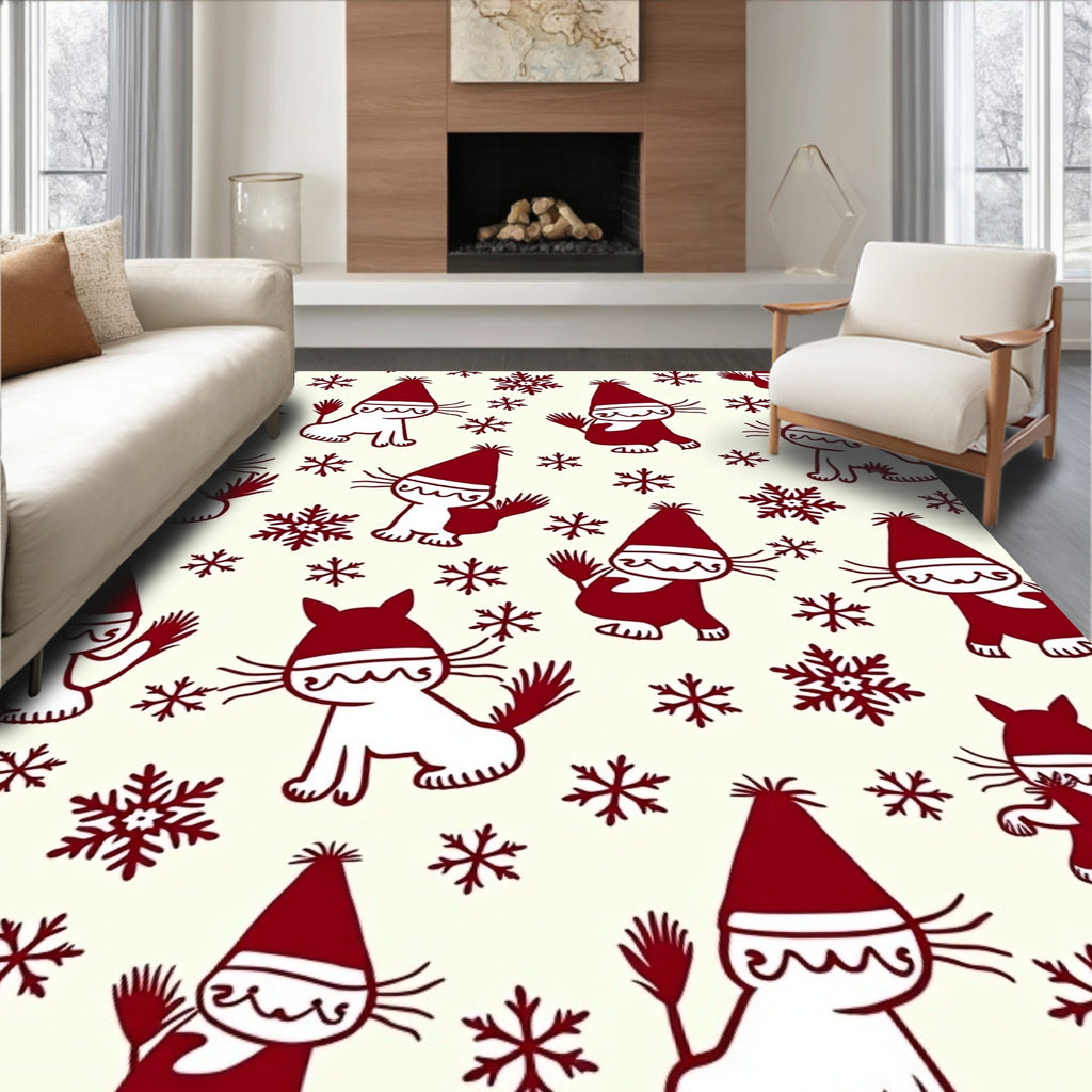Whimsical Red Snowflakes Cat Scene Rug
