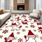 Whimsical Red Snowflakes Cat Scene Rug