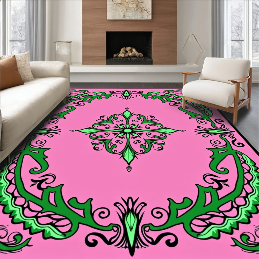 Pink Green Scrollwork Medallion Rug