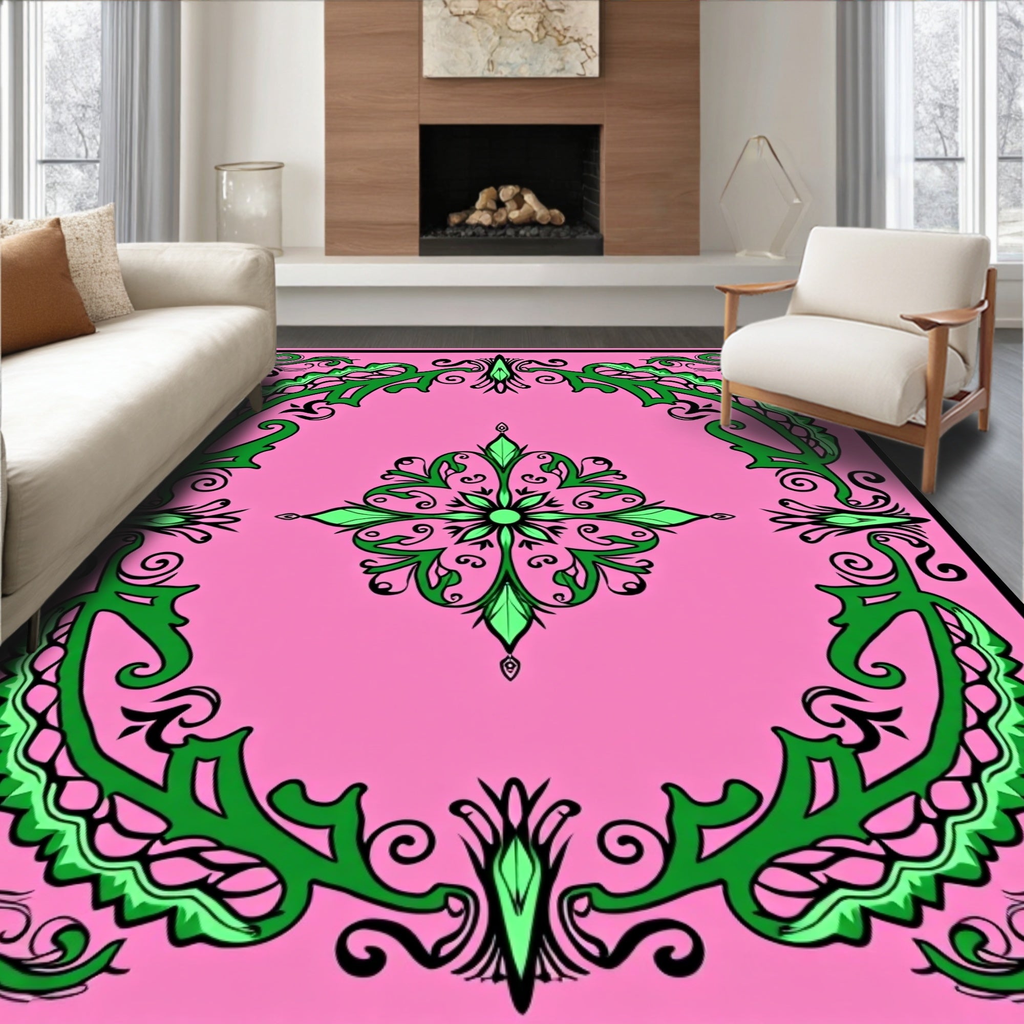 Pink Green Scrollwork Medallion Rug