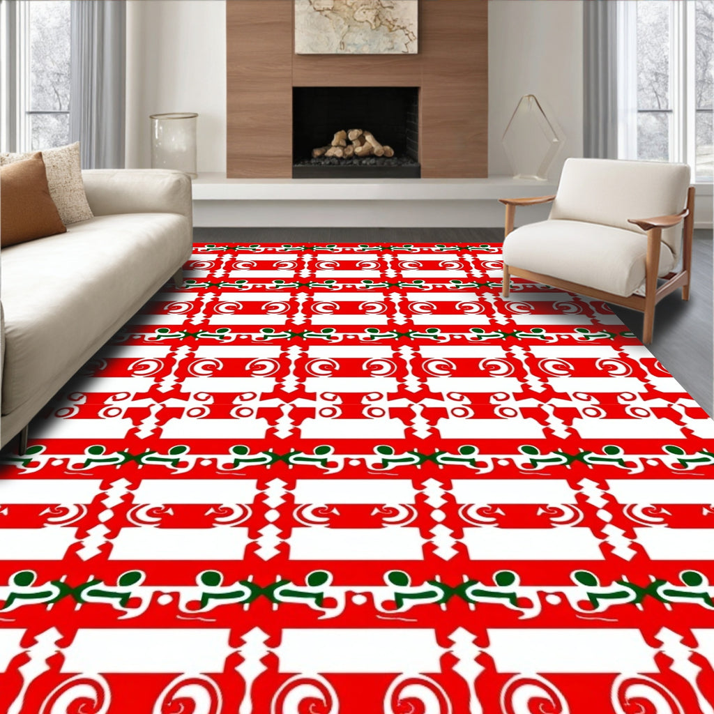 Bold Red White Geometric Swirls Rug