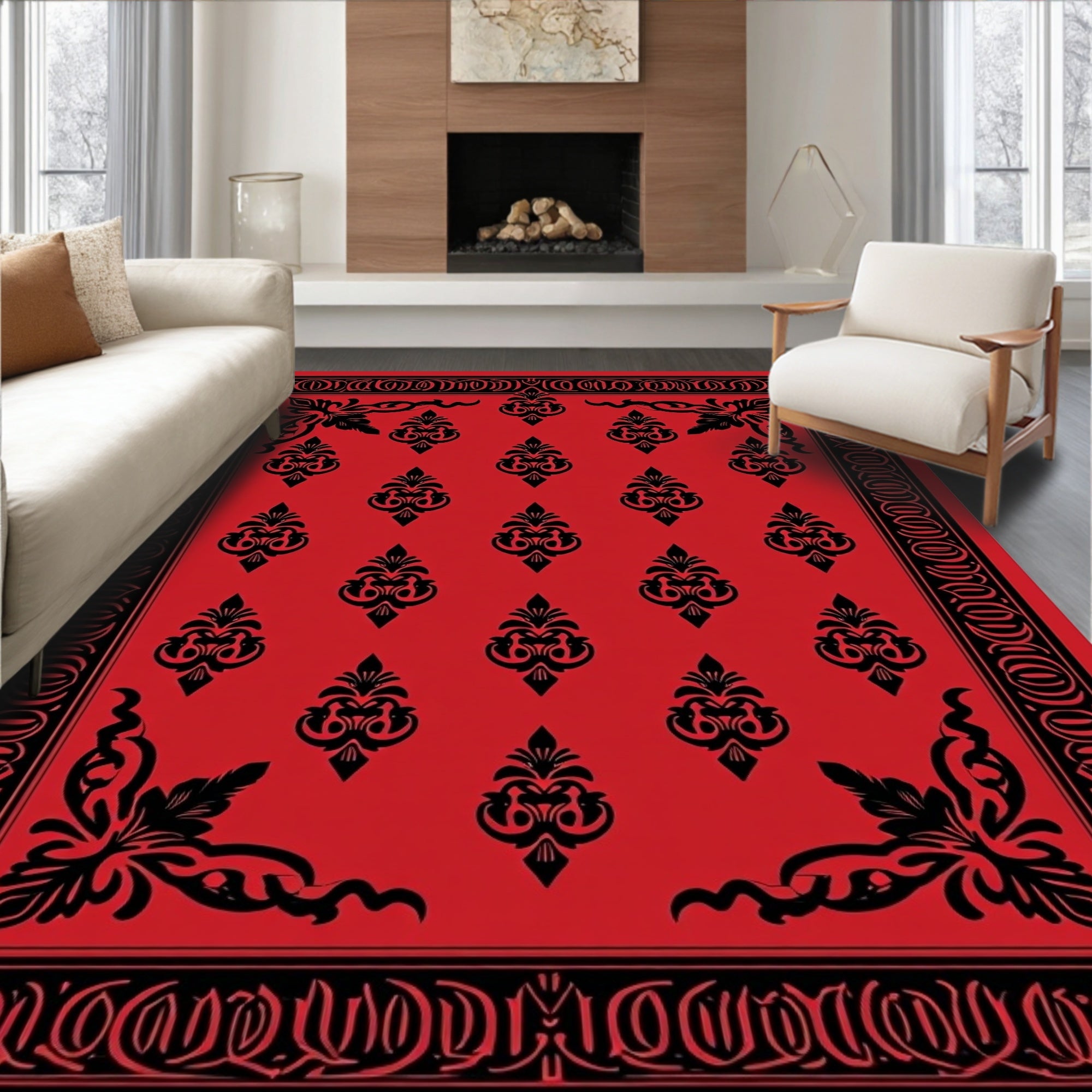 Bold Red Black Damask Medallion Rug