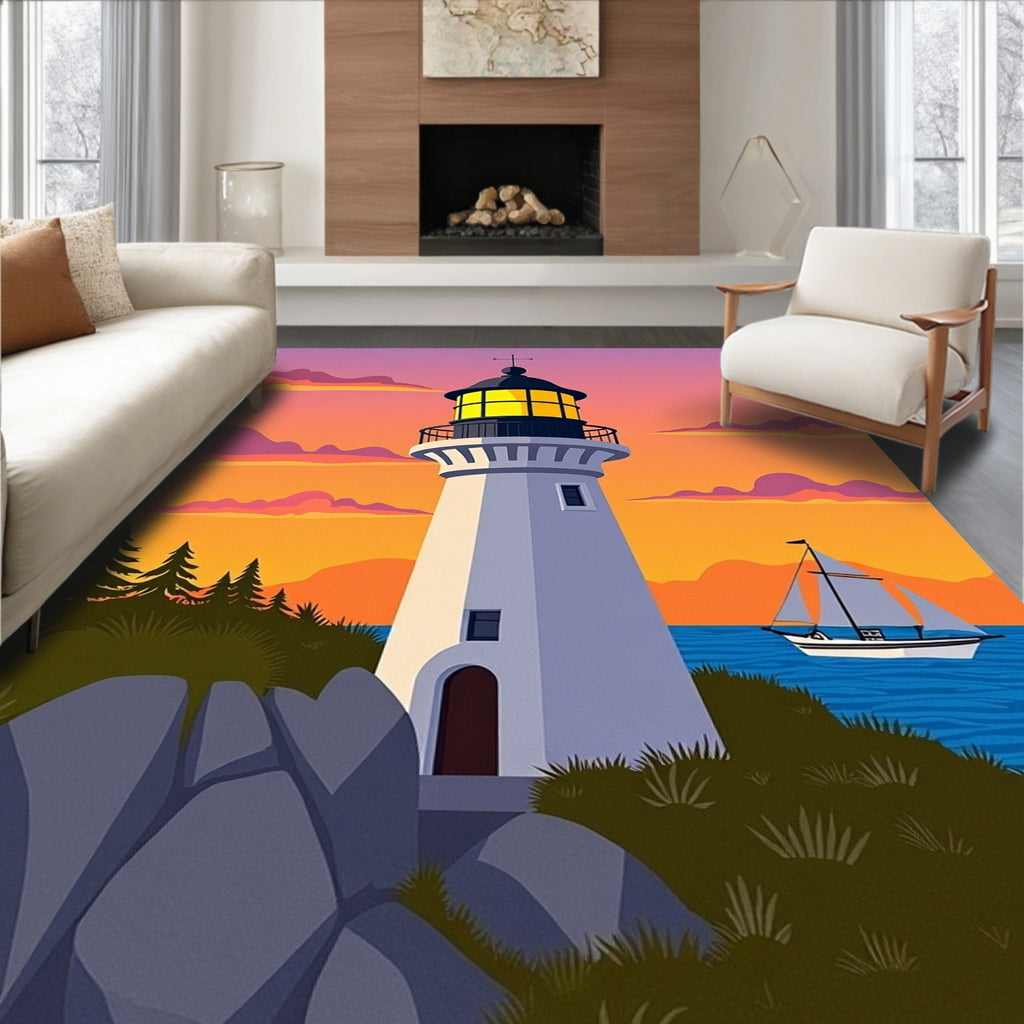 Coastal Sunset Lighthouse Sailboat Scene Rug