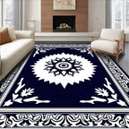 Deep Navy White Geometric Sunburst Rug