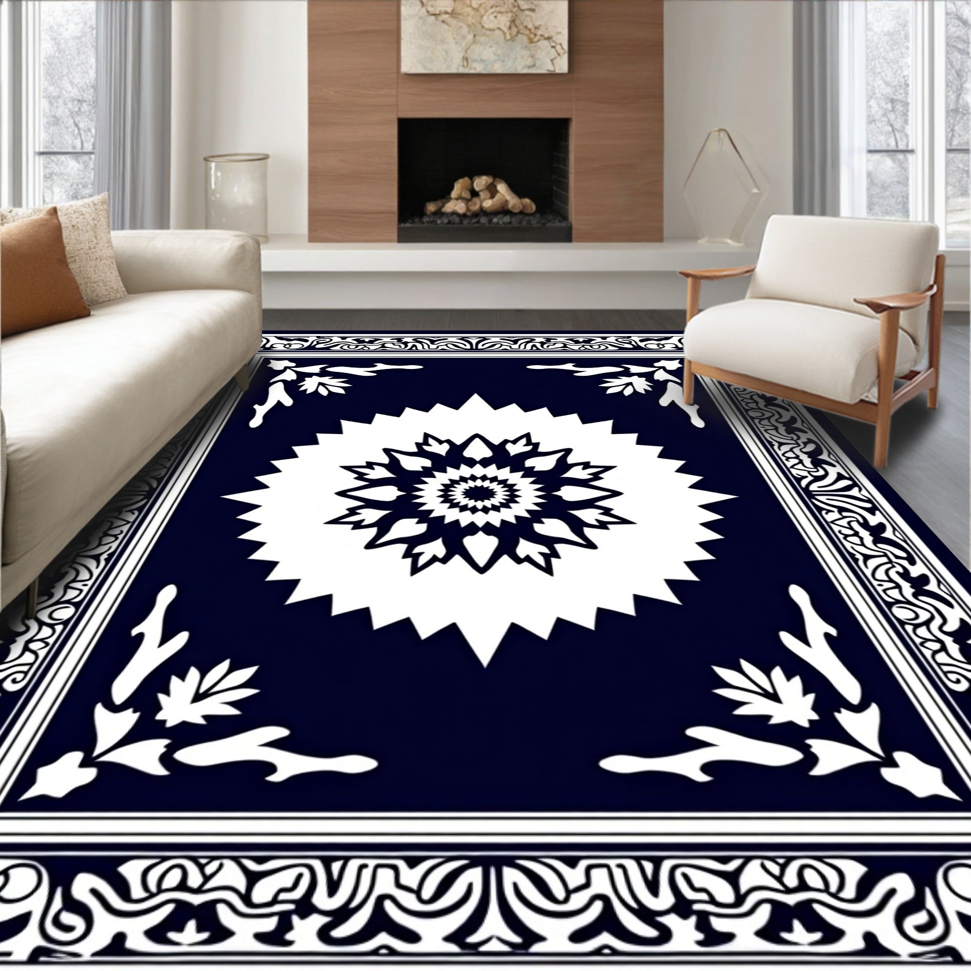 Deep Navy White Geometric Sunburst Rug