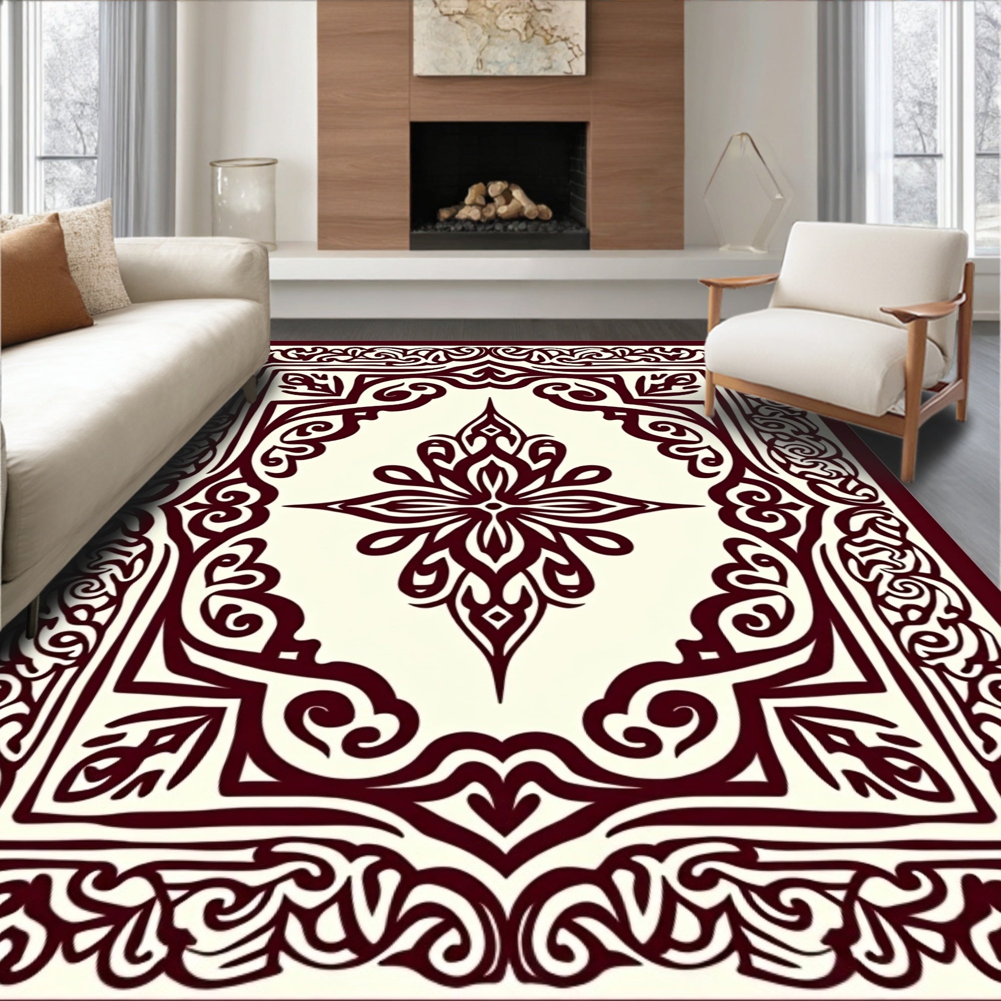 Crimson Ivory Floral Frame Rug