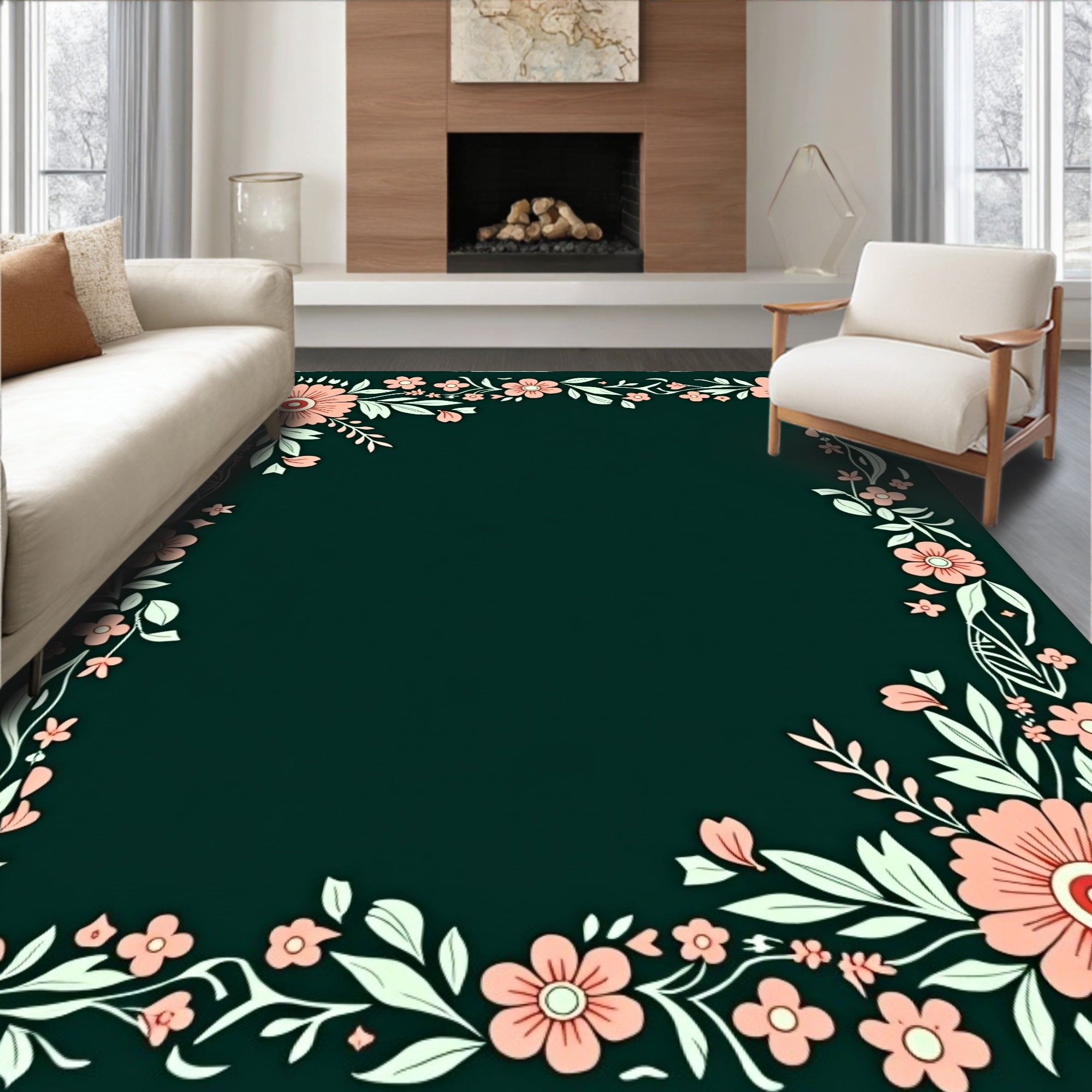 Coral Pink Botanical Border Rug