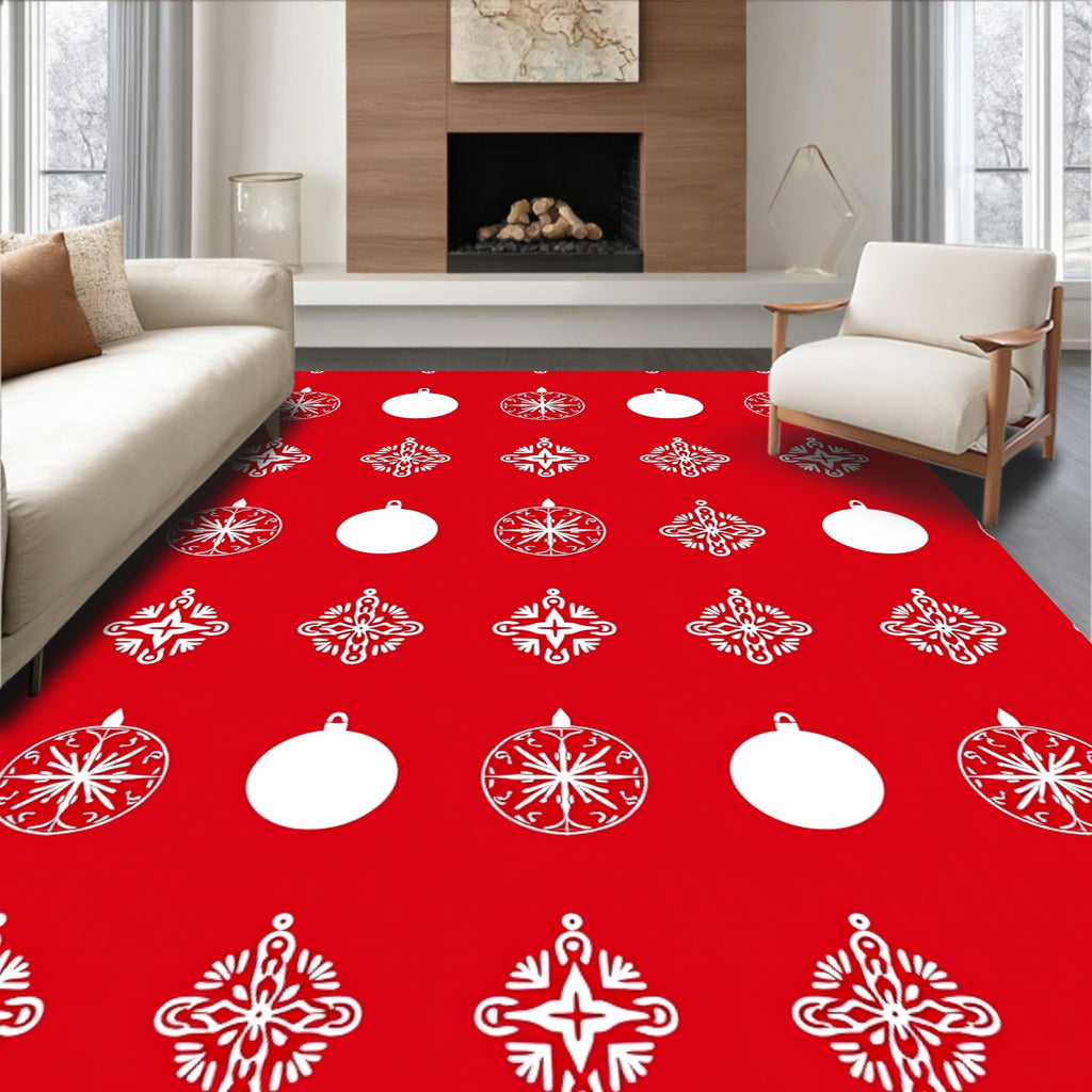 Red White Festive Ornament Snowflakes Rug