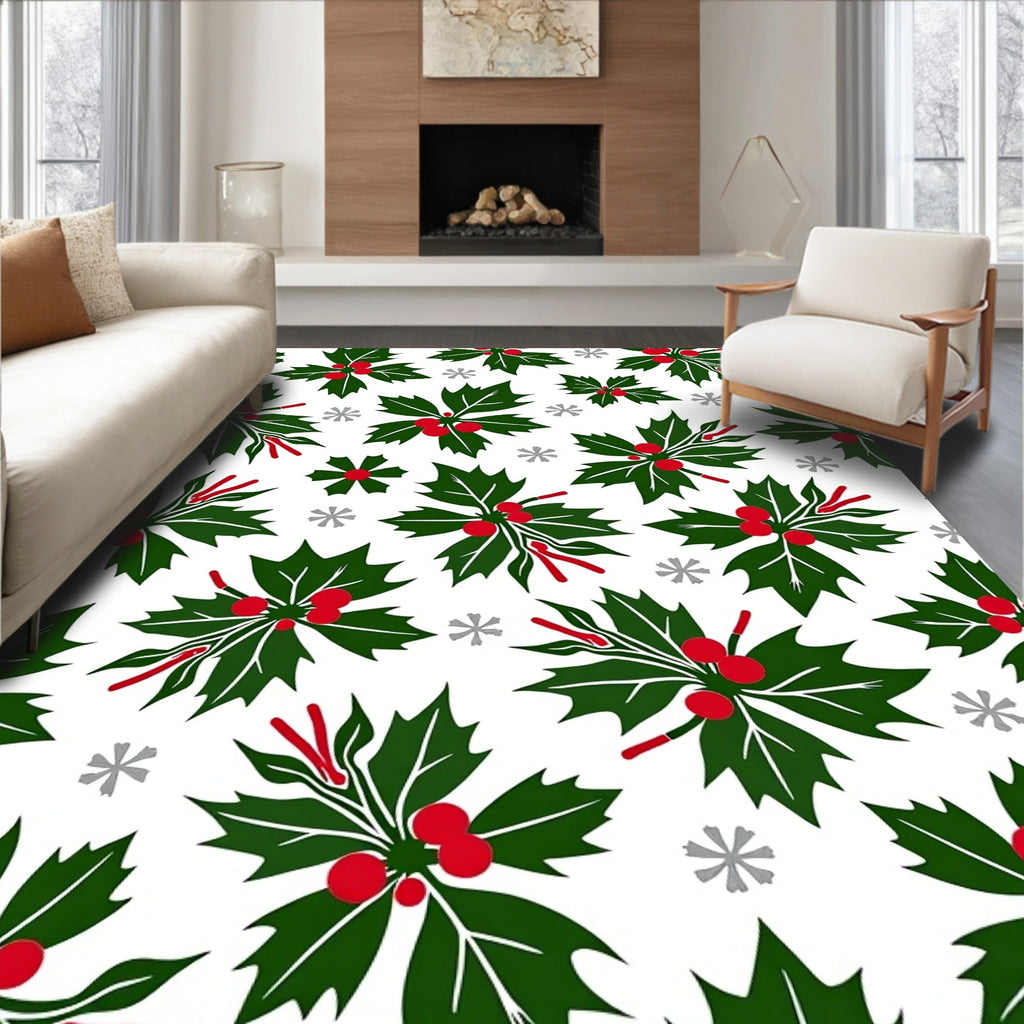 Green Holly Red Berry Snowy Collage Rug