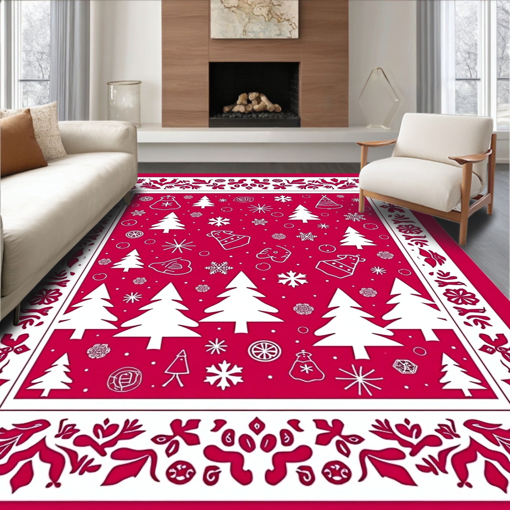 Vibrant Red Christmas Tree Snowflakes Rug