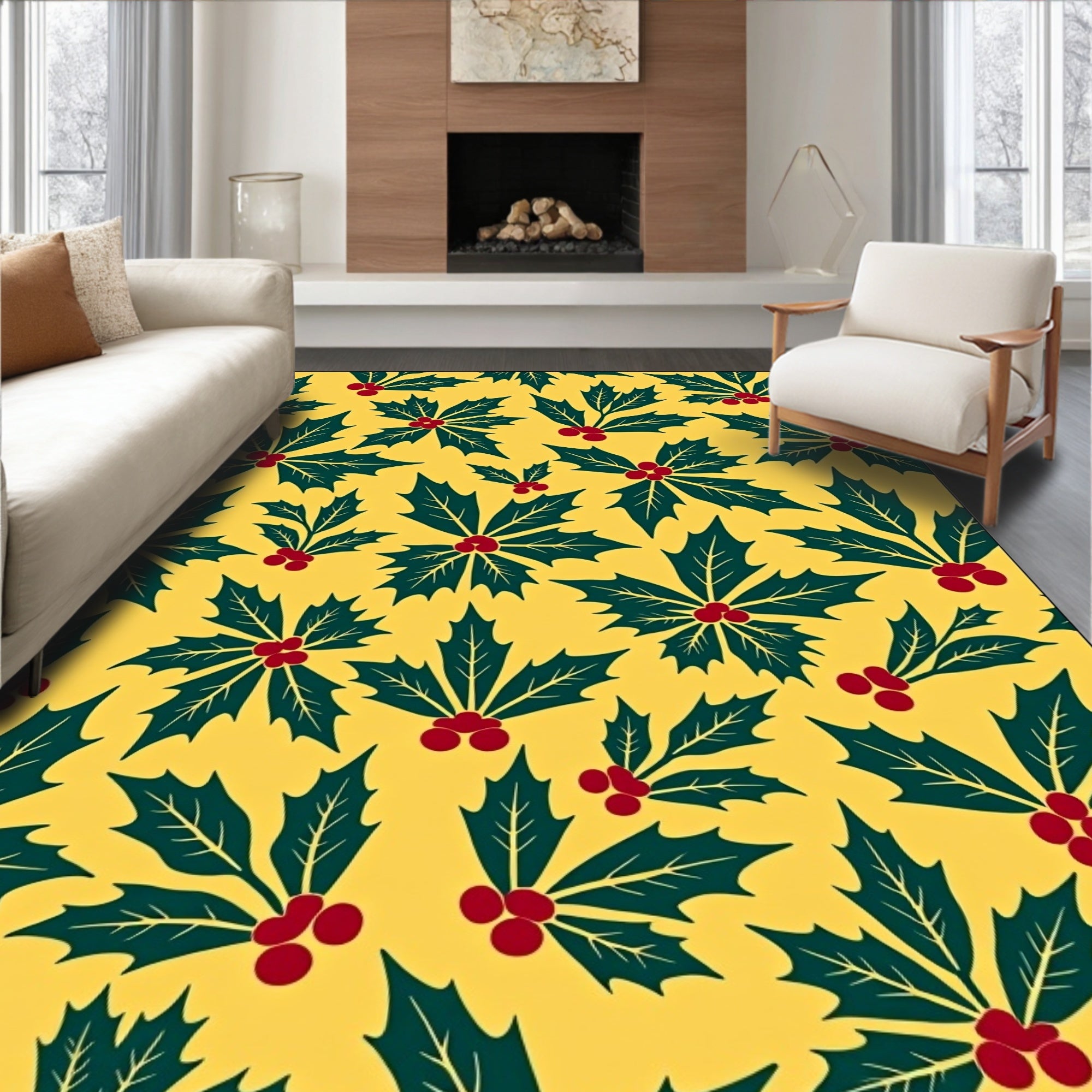 Festive Holly Berry Yellow Repeat Rug