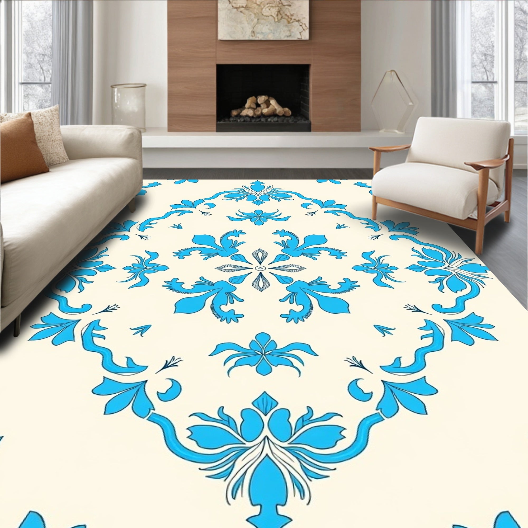 Bright Azure Floral Damask Rug