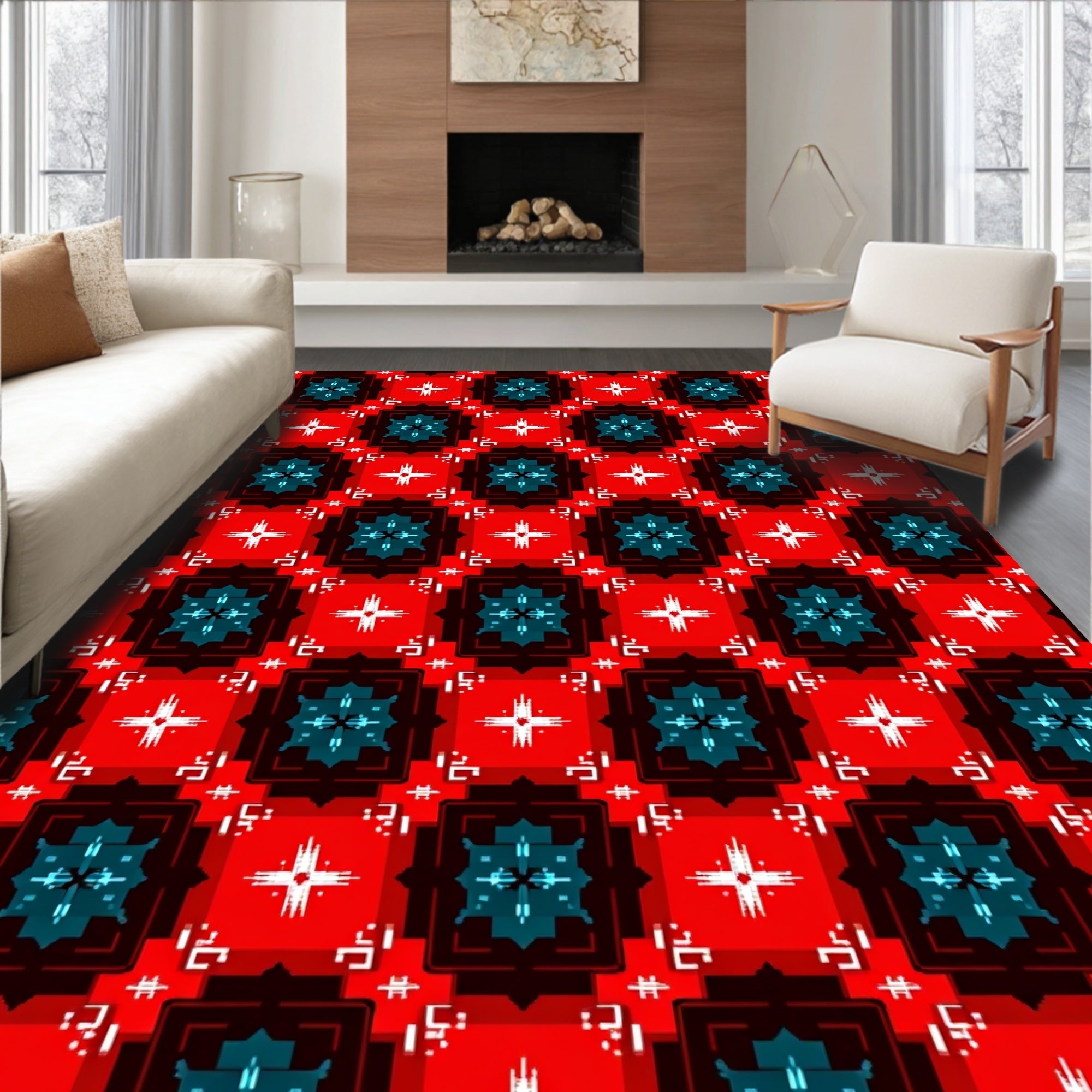 Bold Red Teal Geometric Square Rug