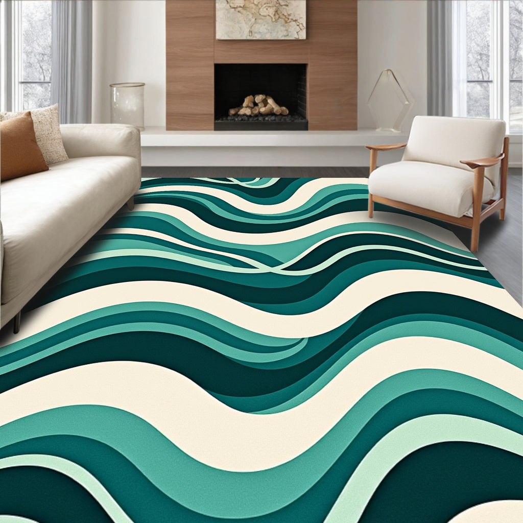 Retro Teal Ocean Wave Curving Rug
