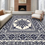 Dark Navy Geometric Medallion Border Rug