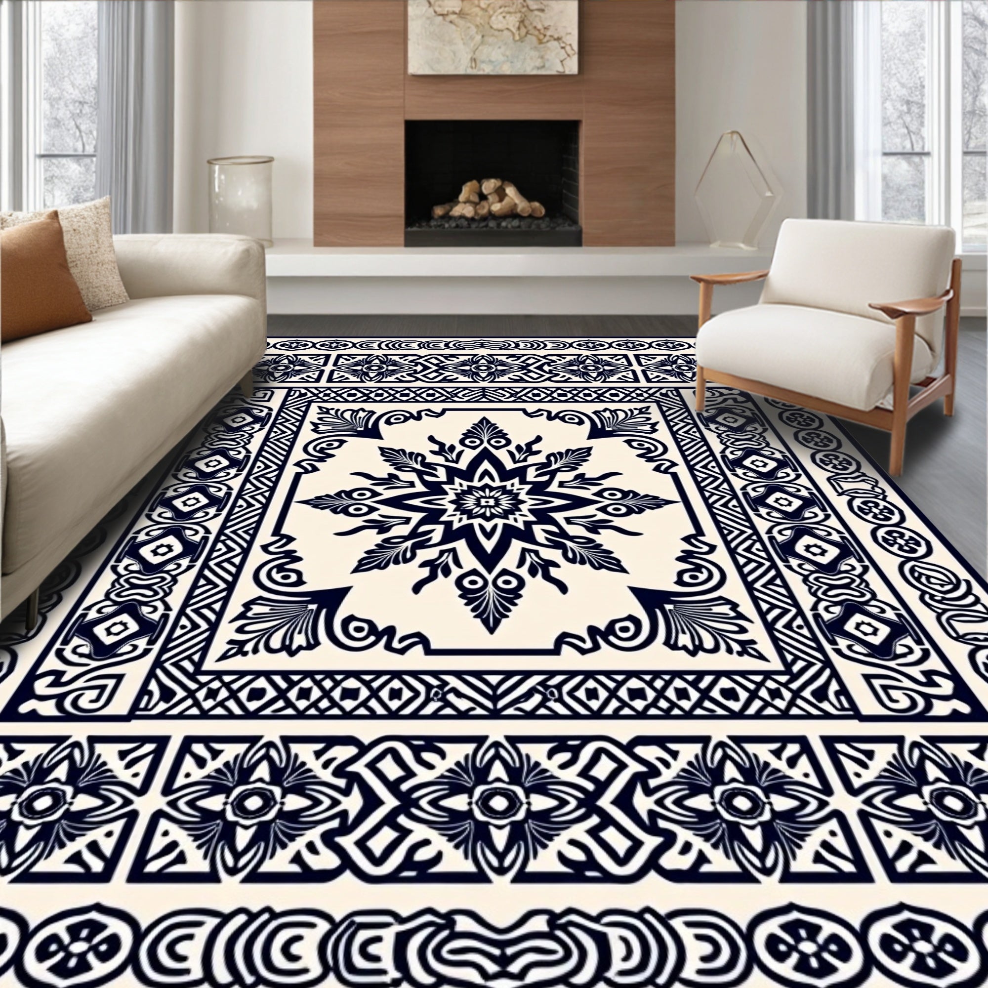 Dark Navy Geometric Medallion Border Rug
