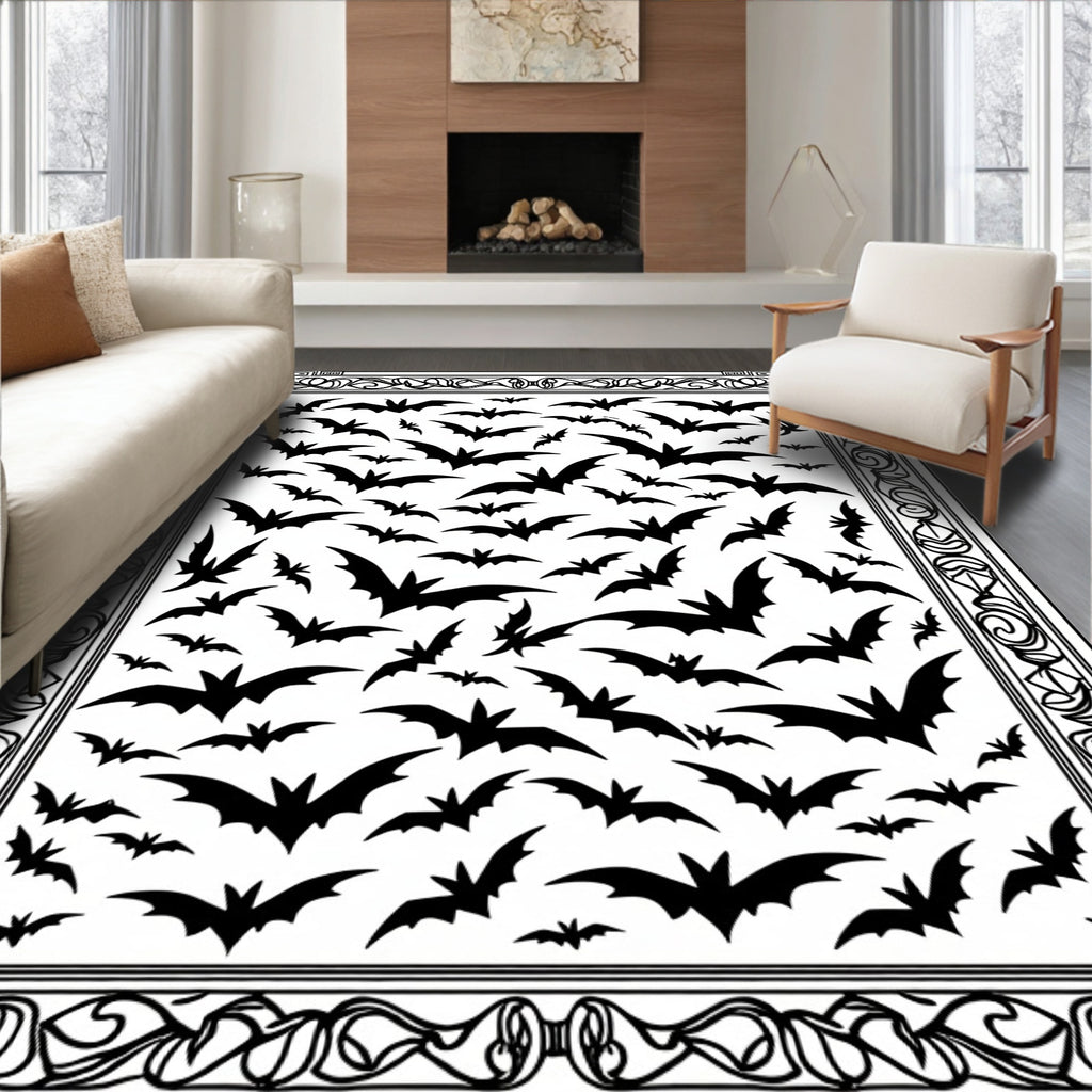 Spooky Black Bat Fluttering Flock Rug